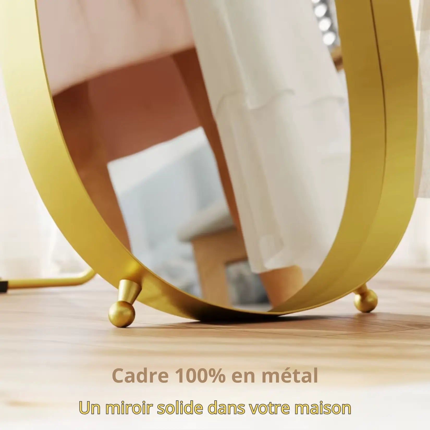 Grand Miroir Or - Détail Cadre Métal et Pieds Antidérapants.