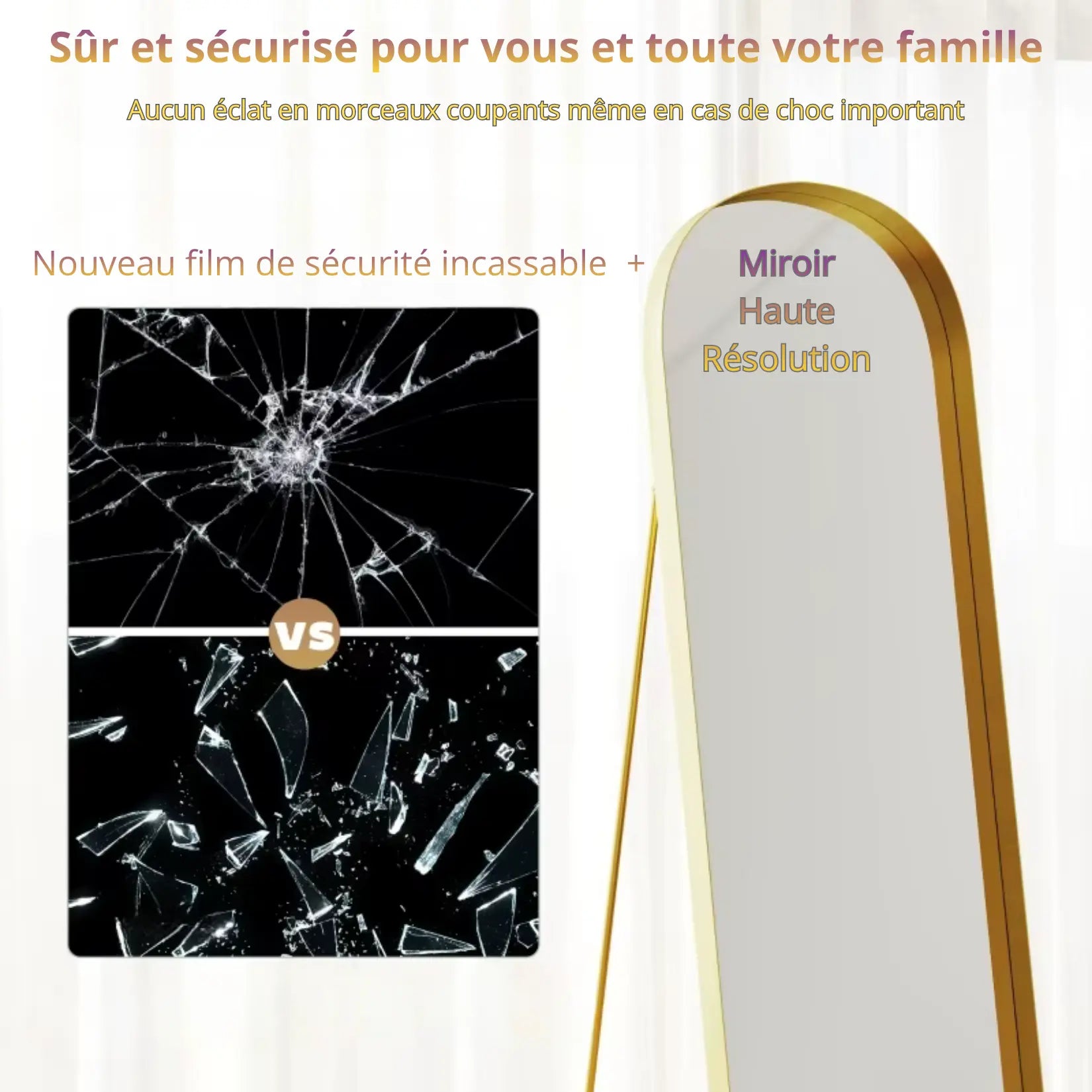 Grand Miroir Or avec Film Sécurité Incassable - Protection Familiale.