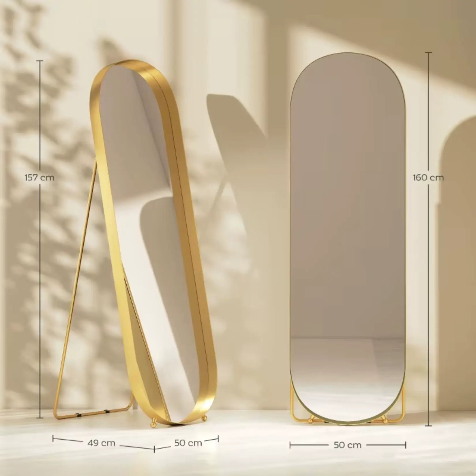 Grand Miroir Or sur Pied 160x50 cm avec Dimensions Détaillées.