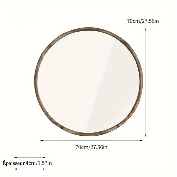 Grand miroir rond bois de 70 cm avec épaisseur visible.