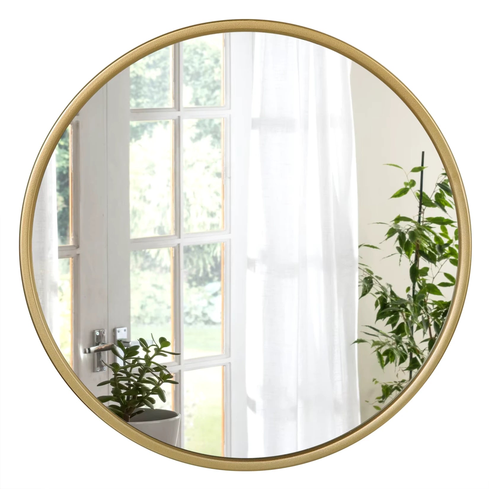 Grand Miroir Rond Doré placé au-dessus d'une console d'entrée au style épuré.