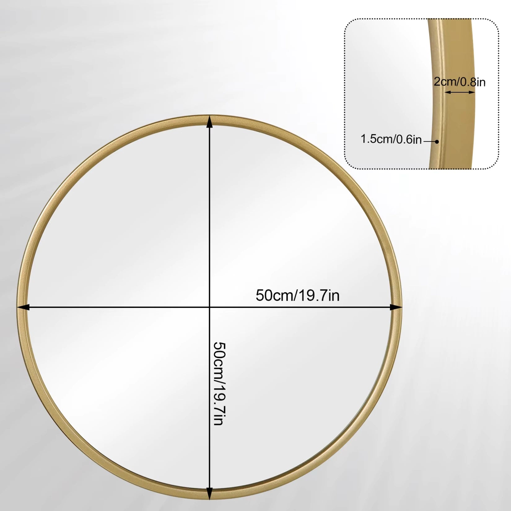 Dimensions du Grand Miroir Rond Doré présentées pour la version 50 cm de diamètre.