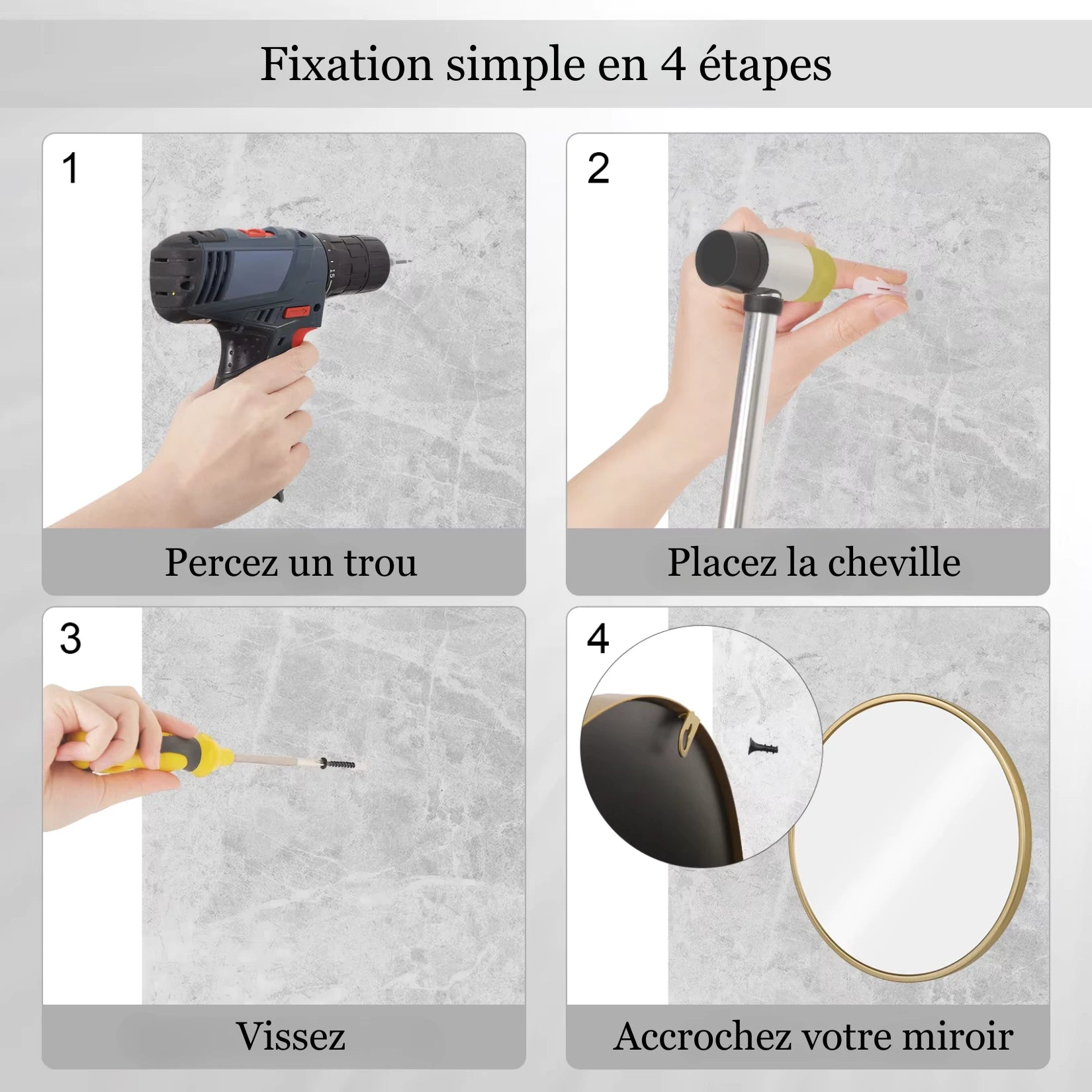 Étapes illustrées pour une fixation murale facile du Grand Miroir Rond Doré .
