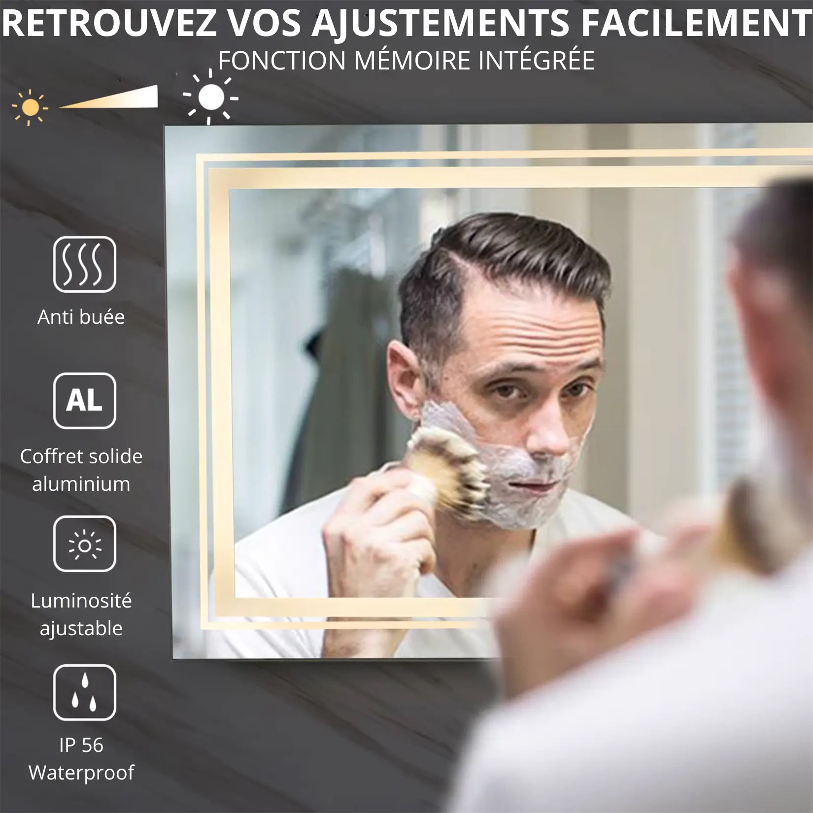 Grand miroir salle de bain LED avec commandes tactiles et cadre aluminium.