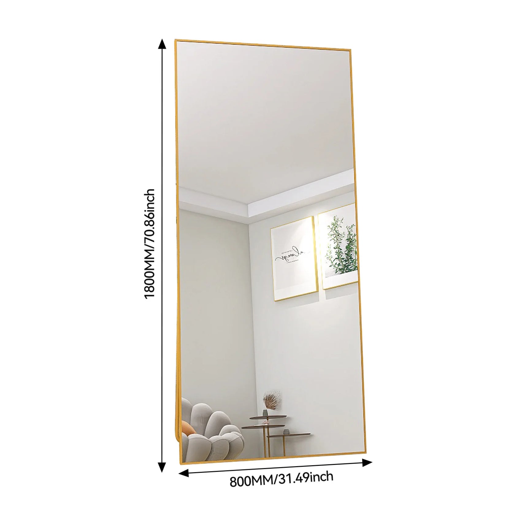 Grand miroir sur pied doré 180x80 cm avec dimensions illustrées.