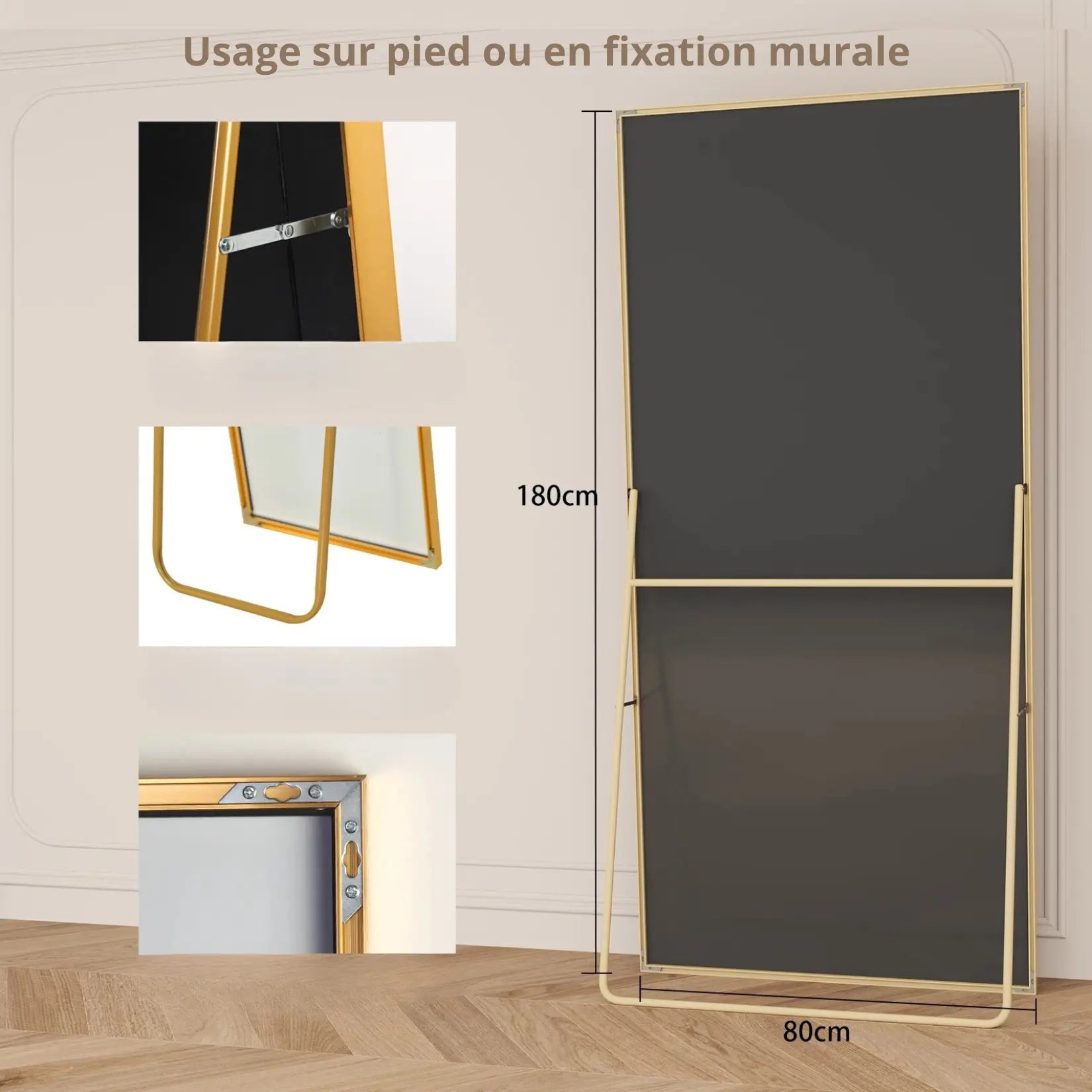 Vue arrière du miroir sur pied doré 180x80 cm avec support rabattable.