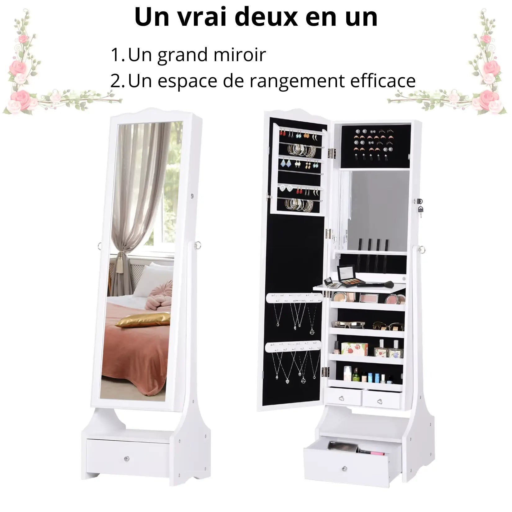 Double fonction miroir et rangement pratique pour la grande armoire bijoux miroir pas cher.