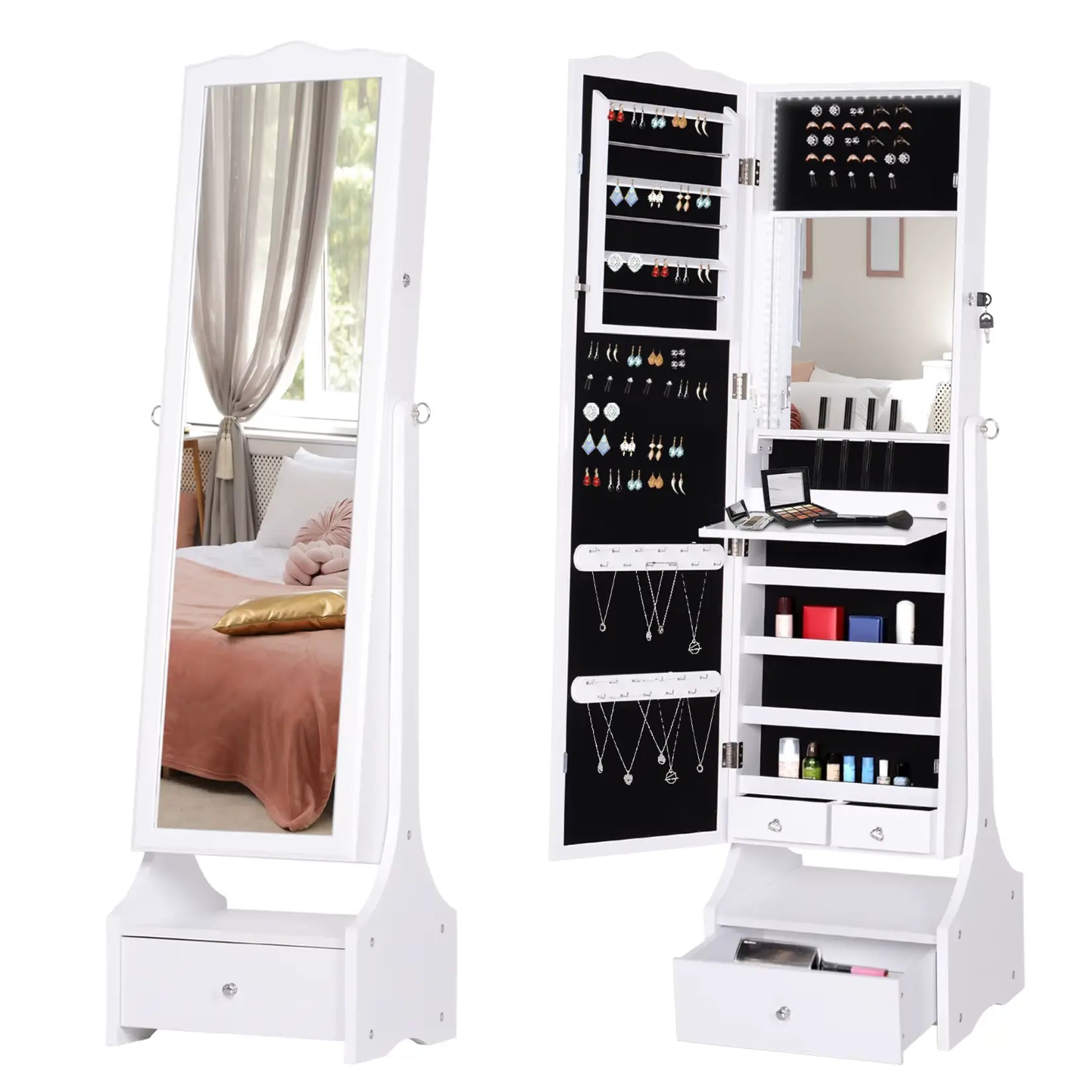 Vue ouverte complète de la grande armoire bijoux miroir pas cher avec espaces organisés.