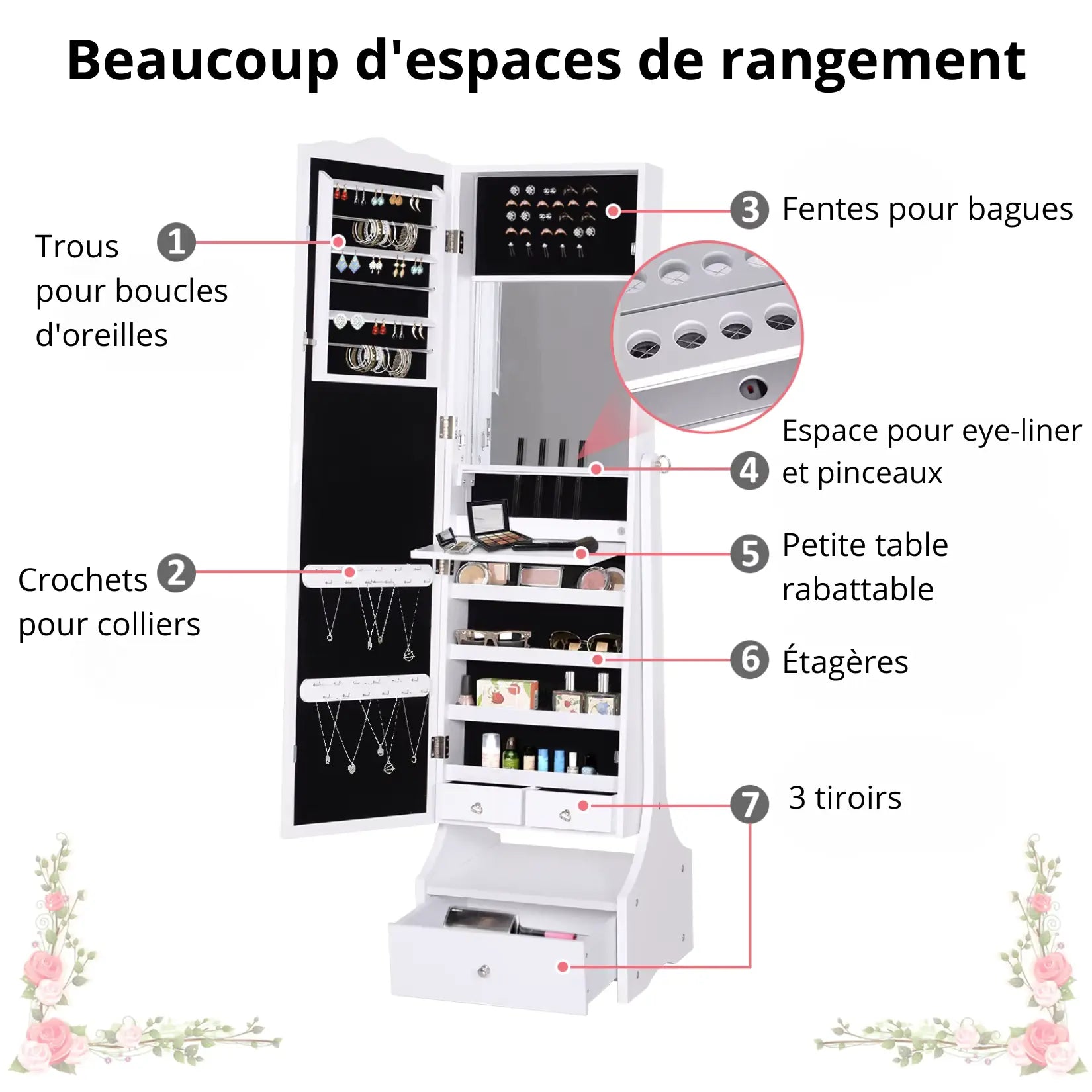 Grande armoire bijoux miroir pas cher avec compartiments multiples pour bijoux, maquillage et accessoires.