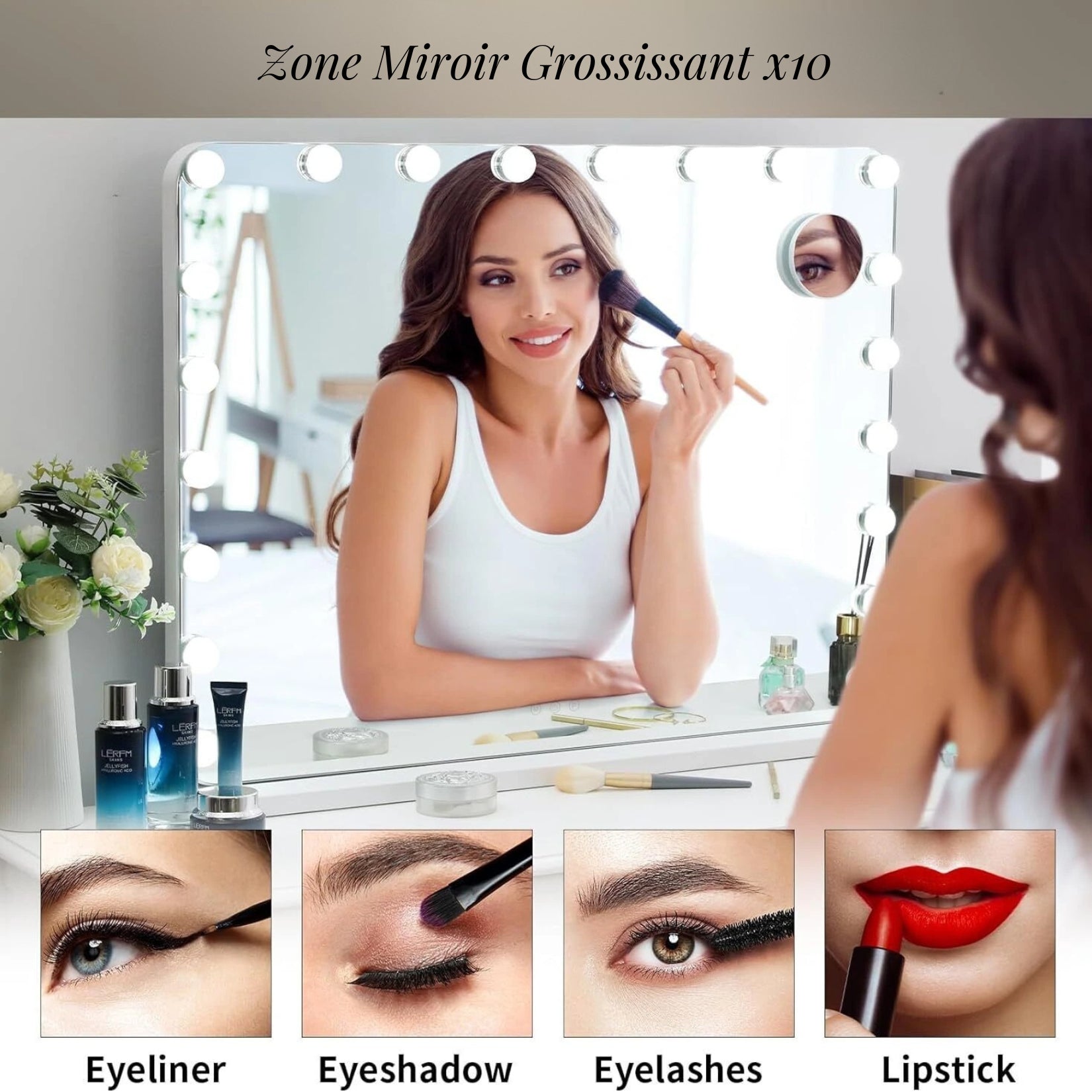 Hollywood Miroir avec miroir grossissant x10 pour un maquillage de précision.