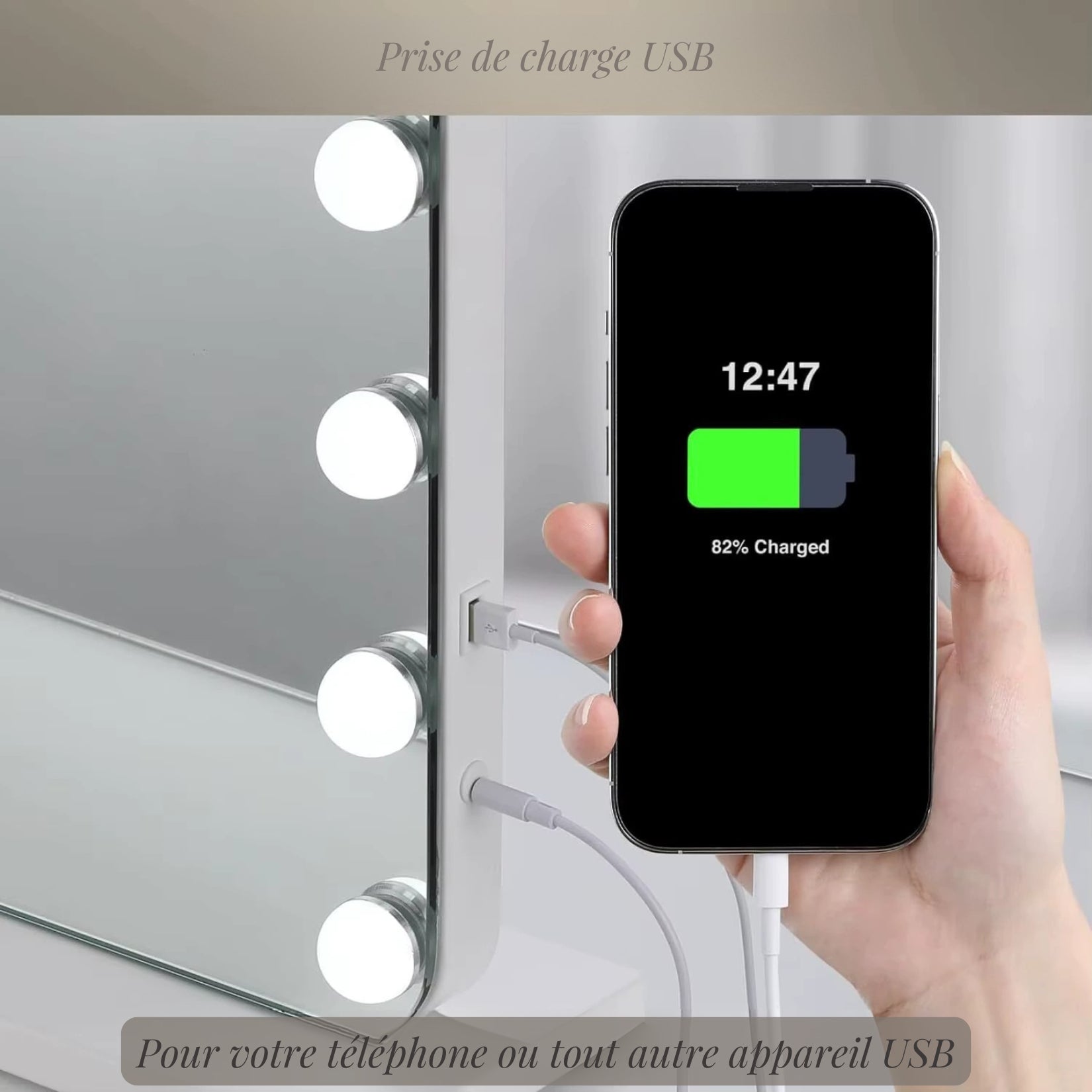 Hollywood Miroir avec prise de charge USB intégrée pour recharger votre téléphone ou appareil.