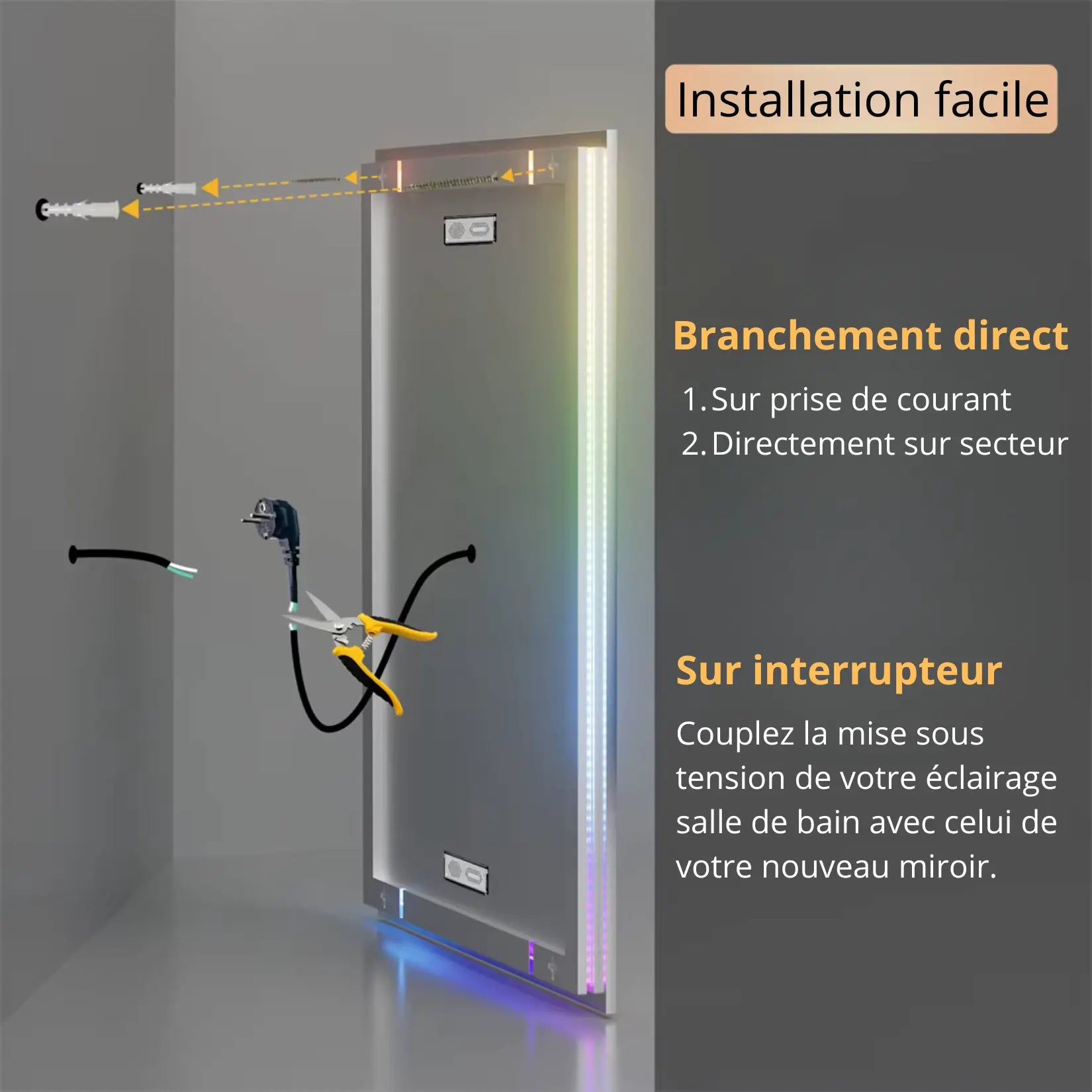 Installation facile du miroir 160x80 avec branchement sur secteur ou interrupteur.