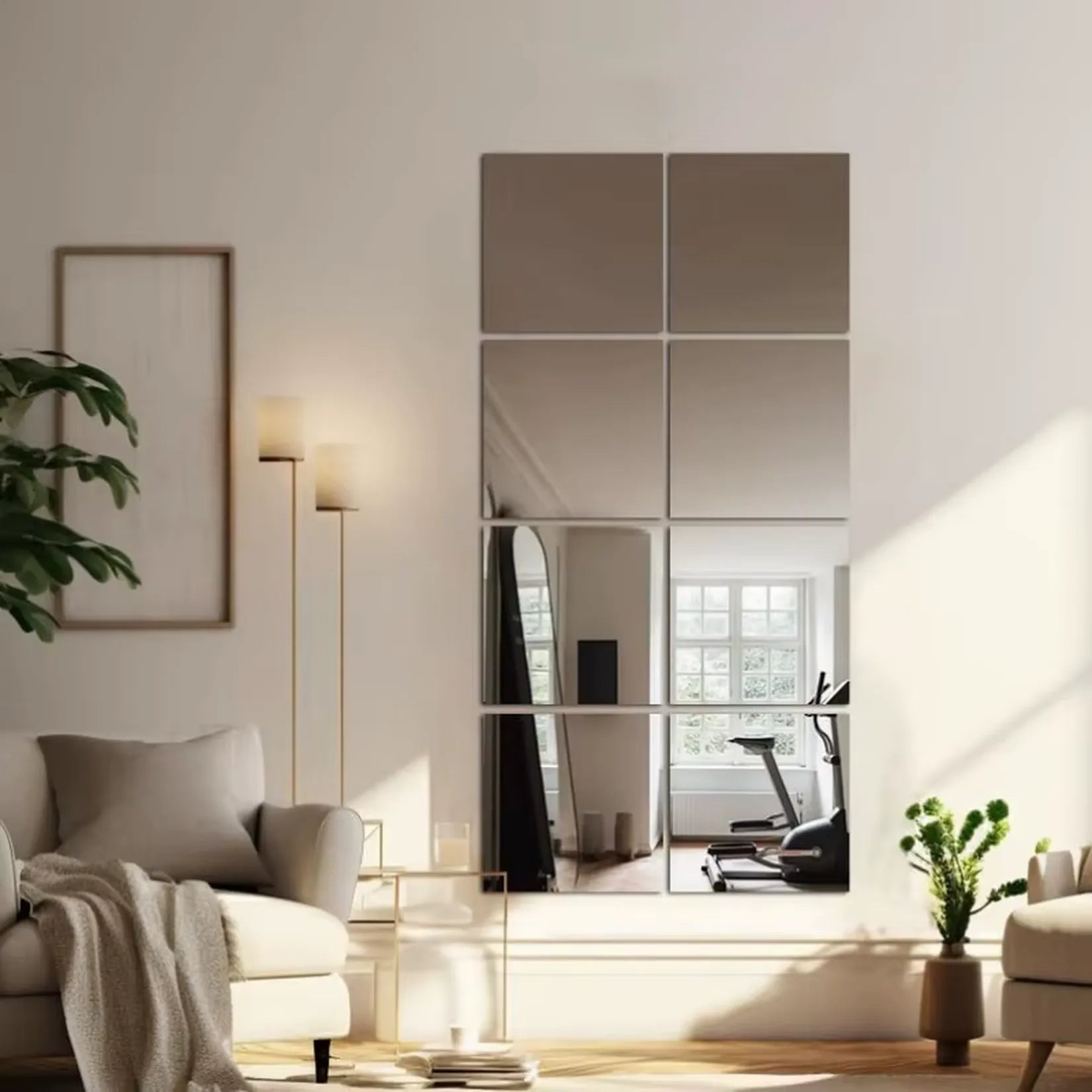 Lot 16 carreaux miroir autocollants 30x30 cm mur salon contemporain.