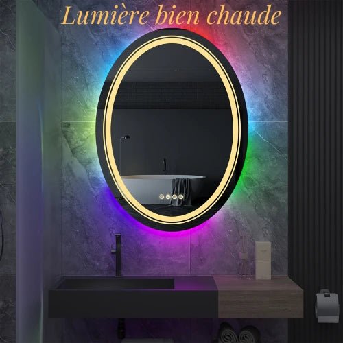 Miroir ovale avec lumière chaude et rétroéclairage RVB, ambiance chaleureuse