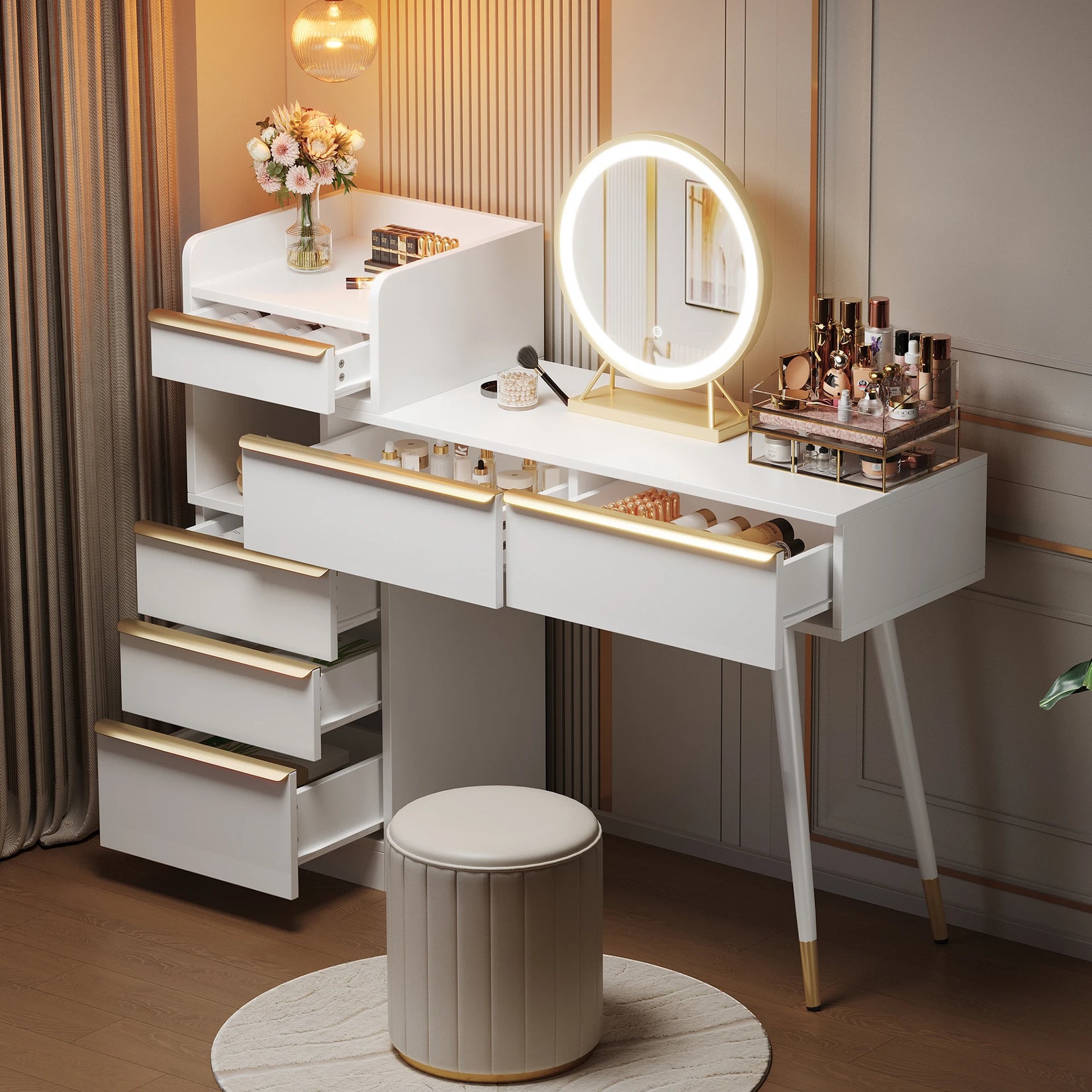 Coiffeuse Avec Miroir LED Et Rangement - 4 Tiroirs + 3 étagères, Blanc, 80x40x137 Cm - 11