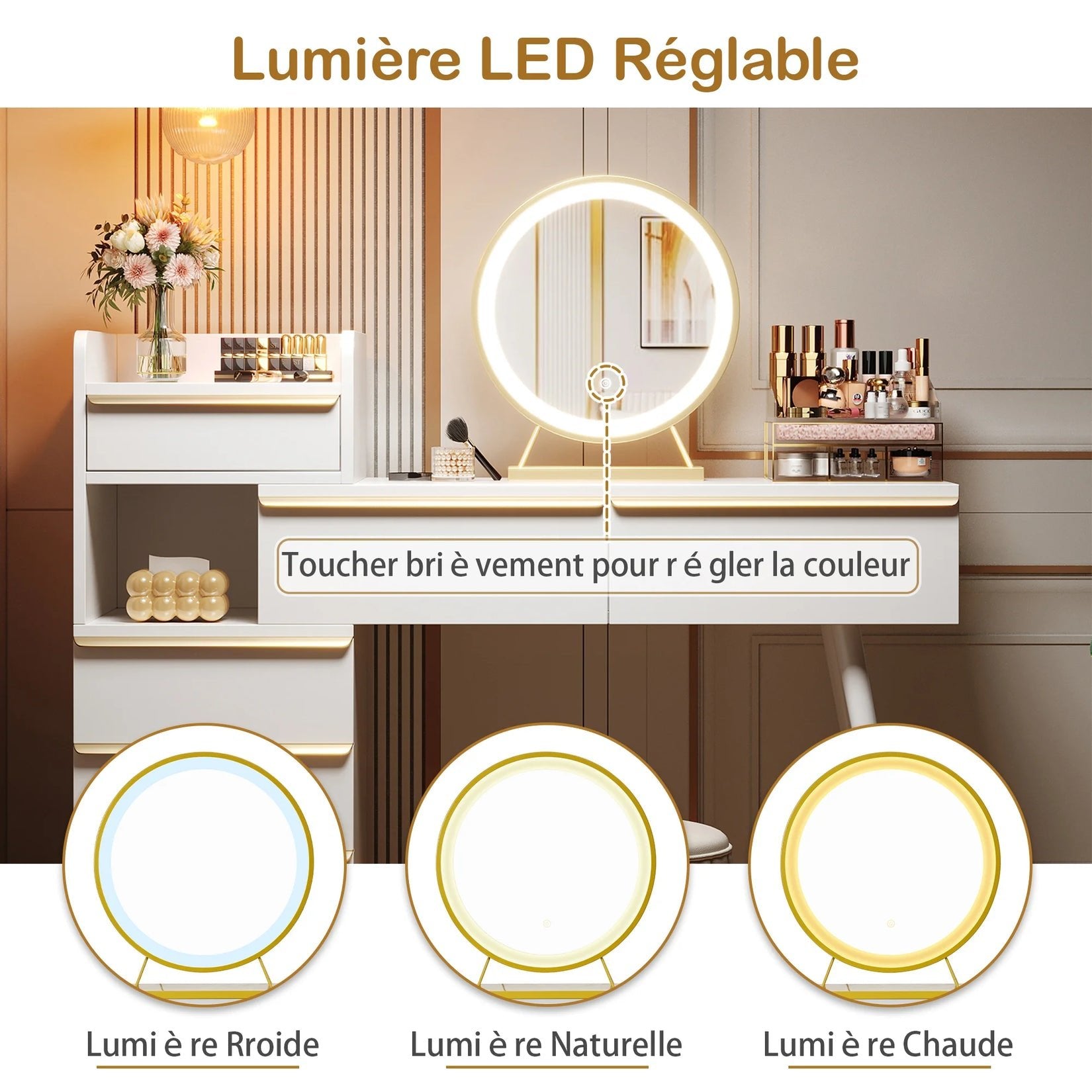 Miroir LED à lumière réglable du meuble coiffeuse avec trois températures.