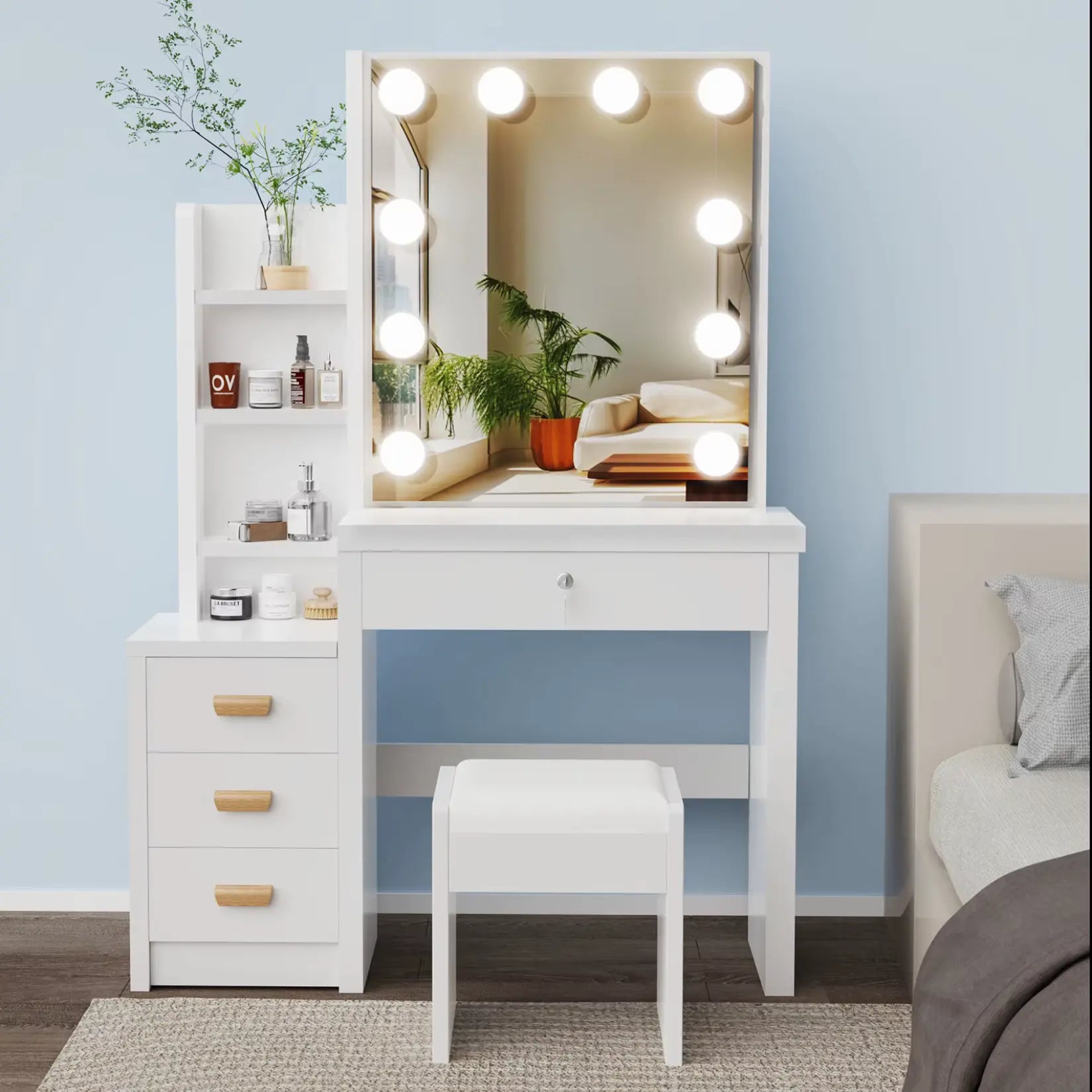 Meuble miroir coiffeuse blanc avec tabouret dans un espace intérieur clair, idéal pour salle de bain ou chambre.