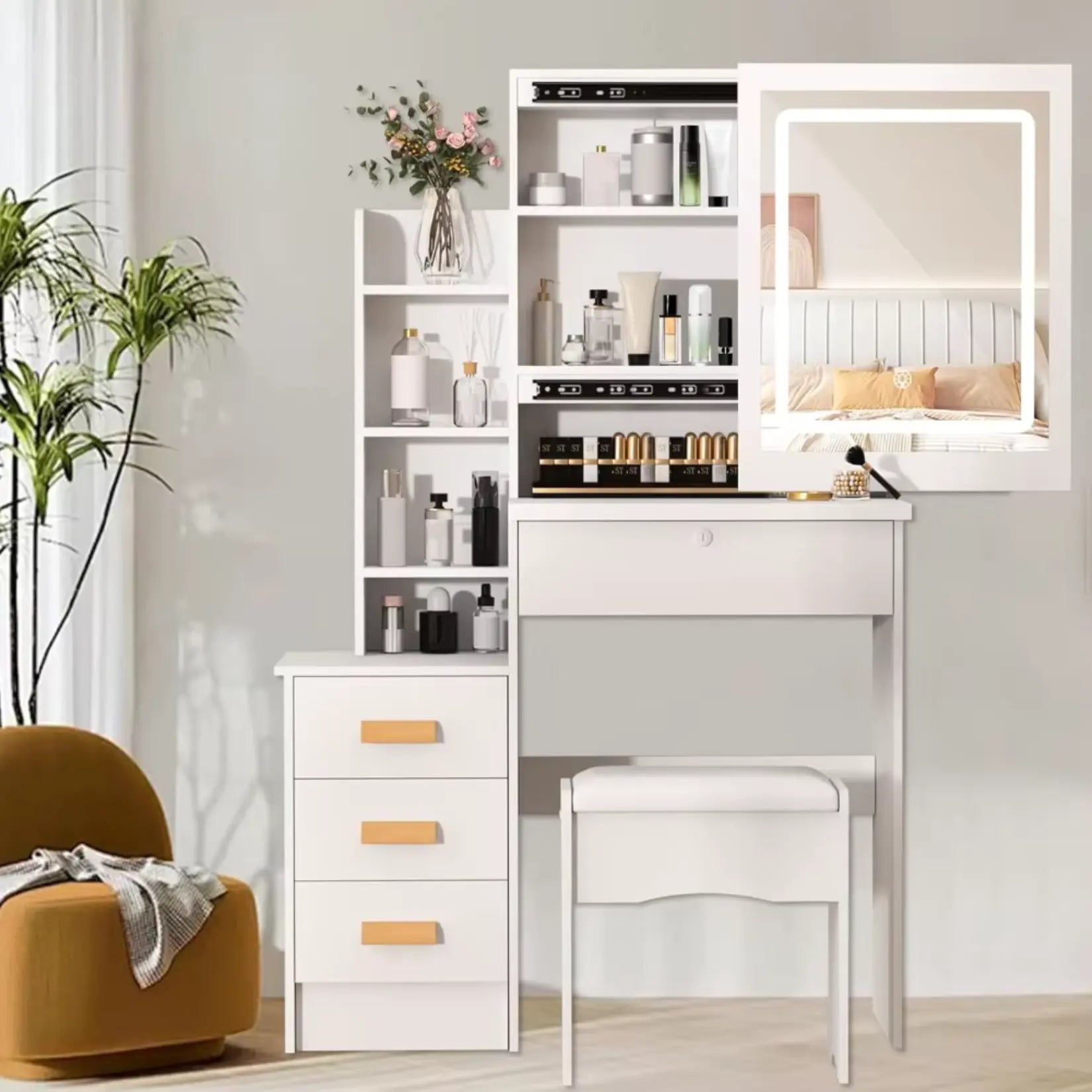 Meuble miroir coiffeuse blanche au design contemporain avec colonnes de rangements et miroir LED.