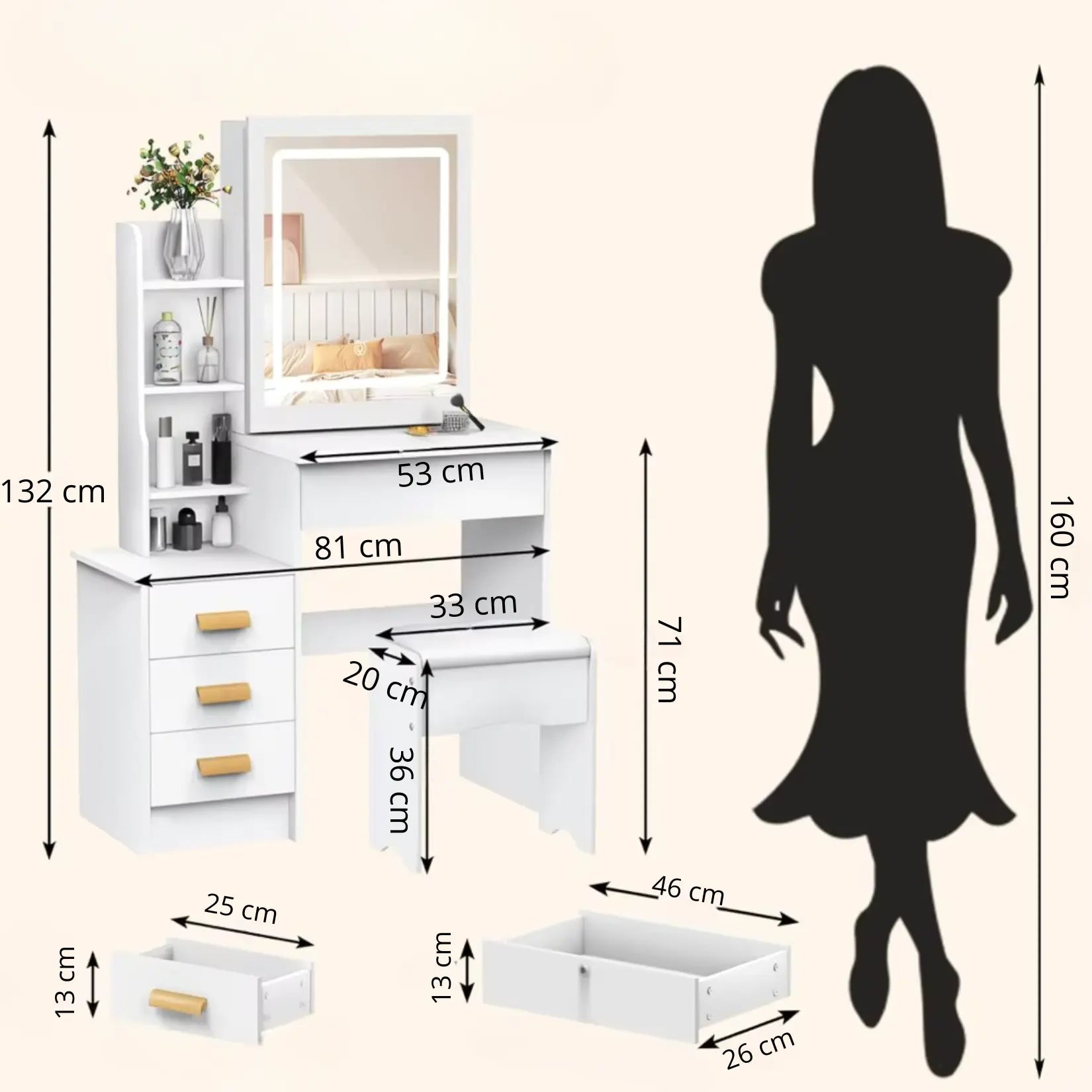 Schéma avec les dimensions complètes du meuble miroir, du miroir LED, du plateau, des tiroirs et du tabouret.