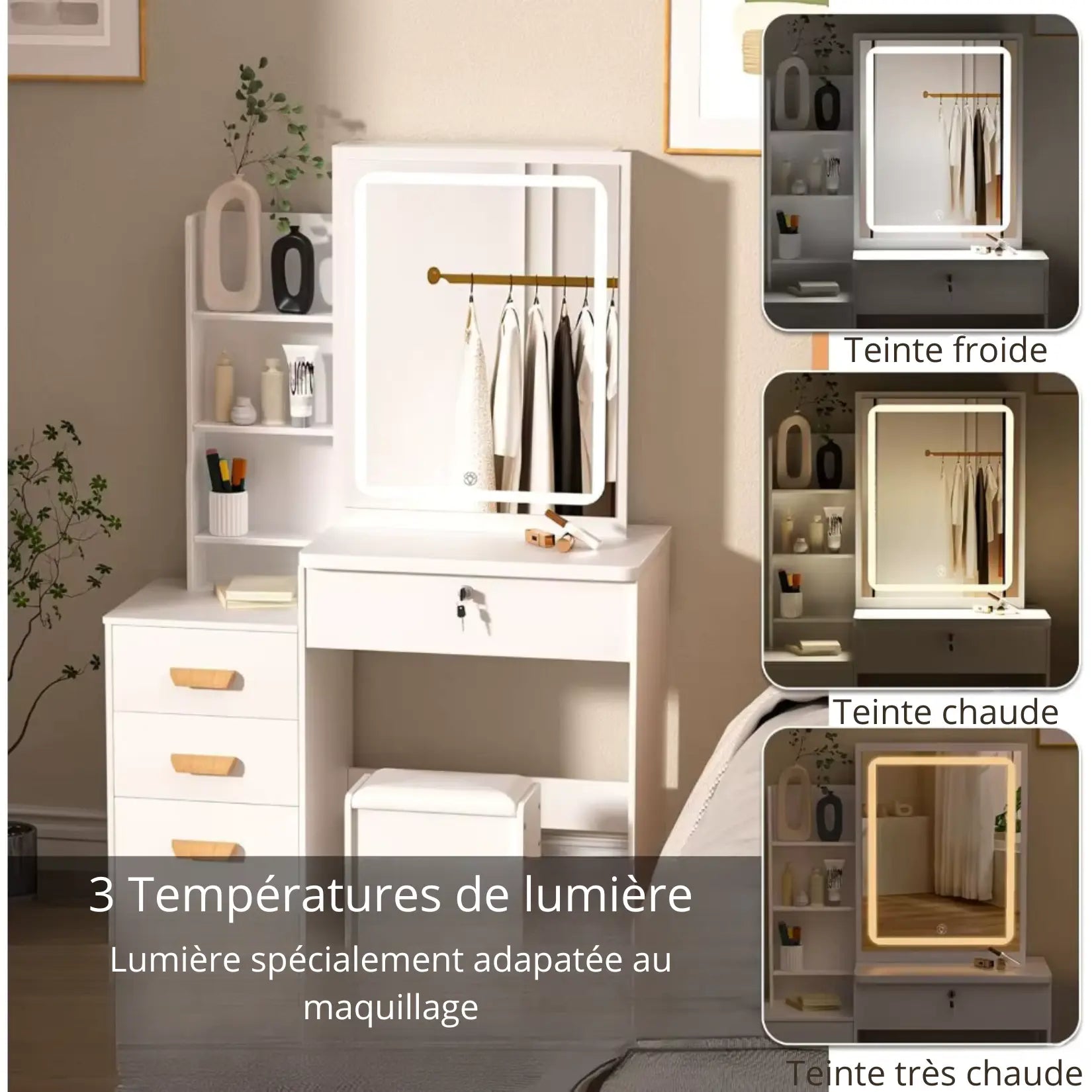 Meuble miroir avec miroir LED affichant trois températures de lumière, froide, chaude et très chaude pour le maquillage.