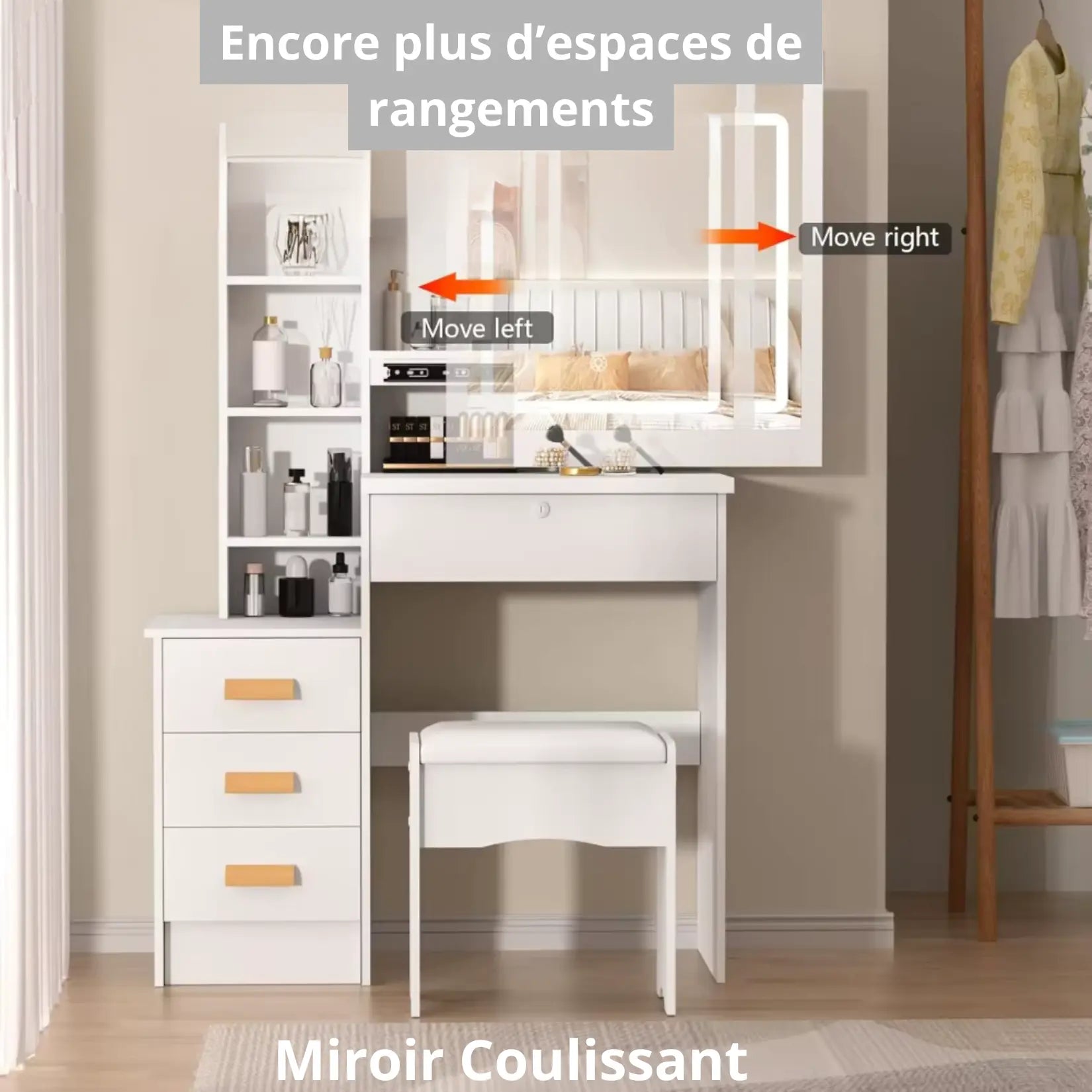 Vue frontale du meuble miroir avec miroir coulissant et espaces de rangements supplémentaires.