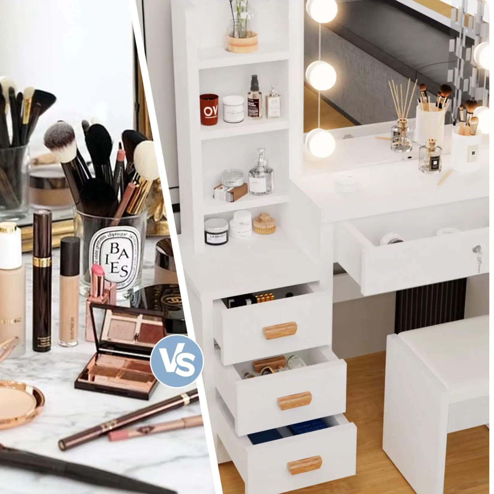 Comparaison avant/après des rangements du meuble miroir avec produits cosmétiques organisés vs tiroirs vides.