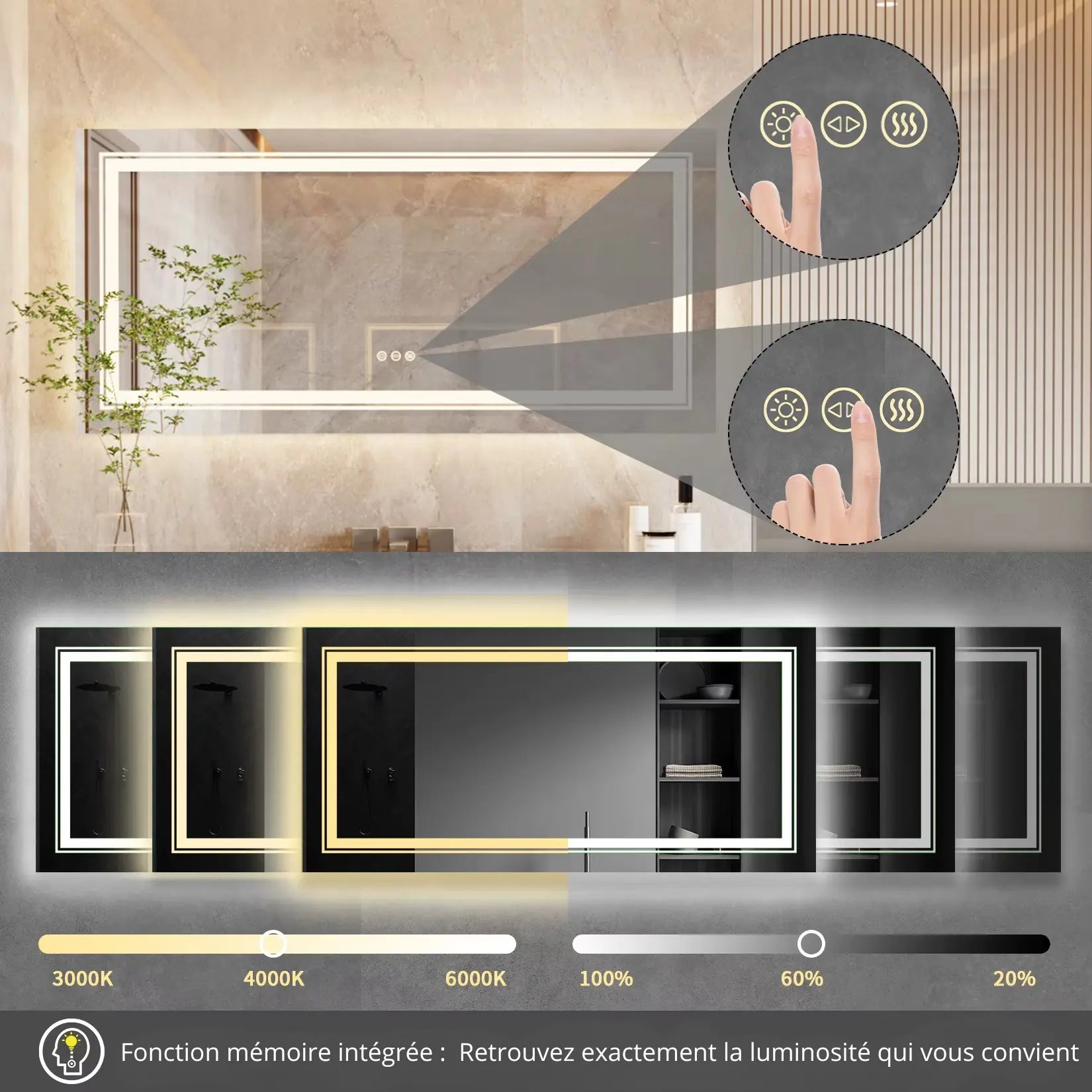 Miroir 120x60 avec commande tactile 3 températures de couleur et fonction mémoire intégrée