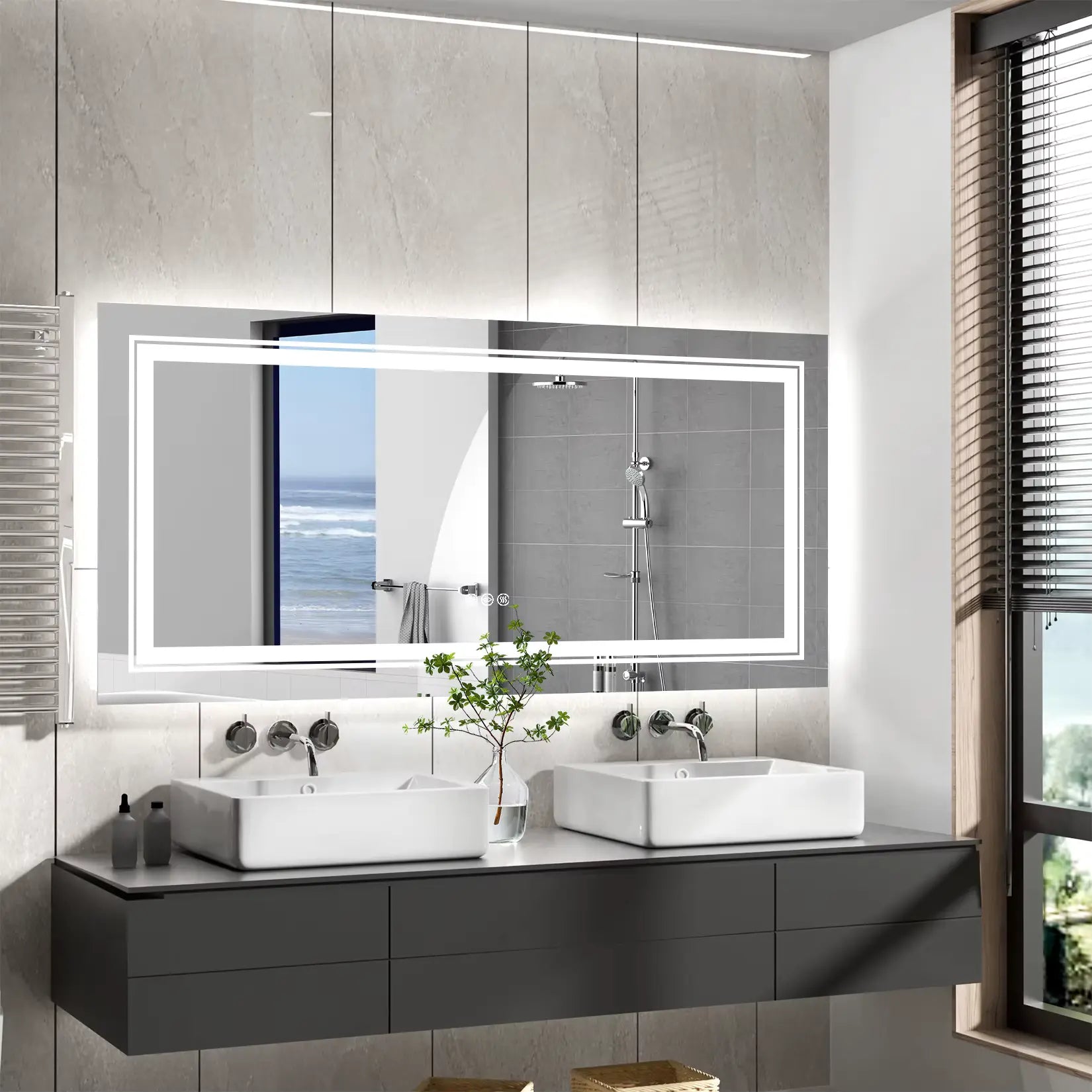 Miroir 120x60 pour double vasque avec rétroéclairage LED et éclairage frontal.