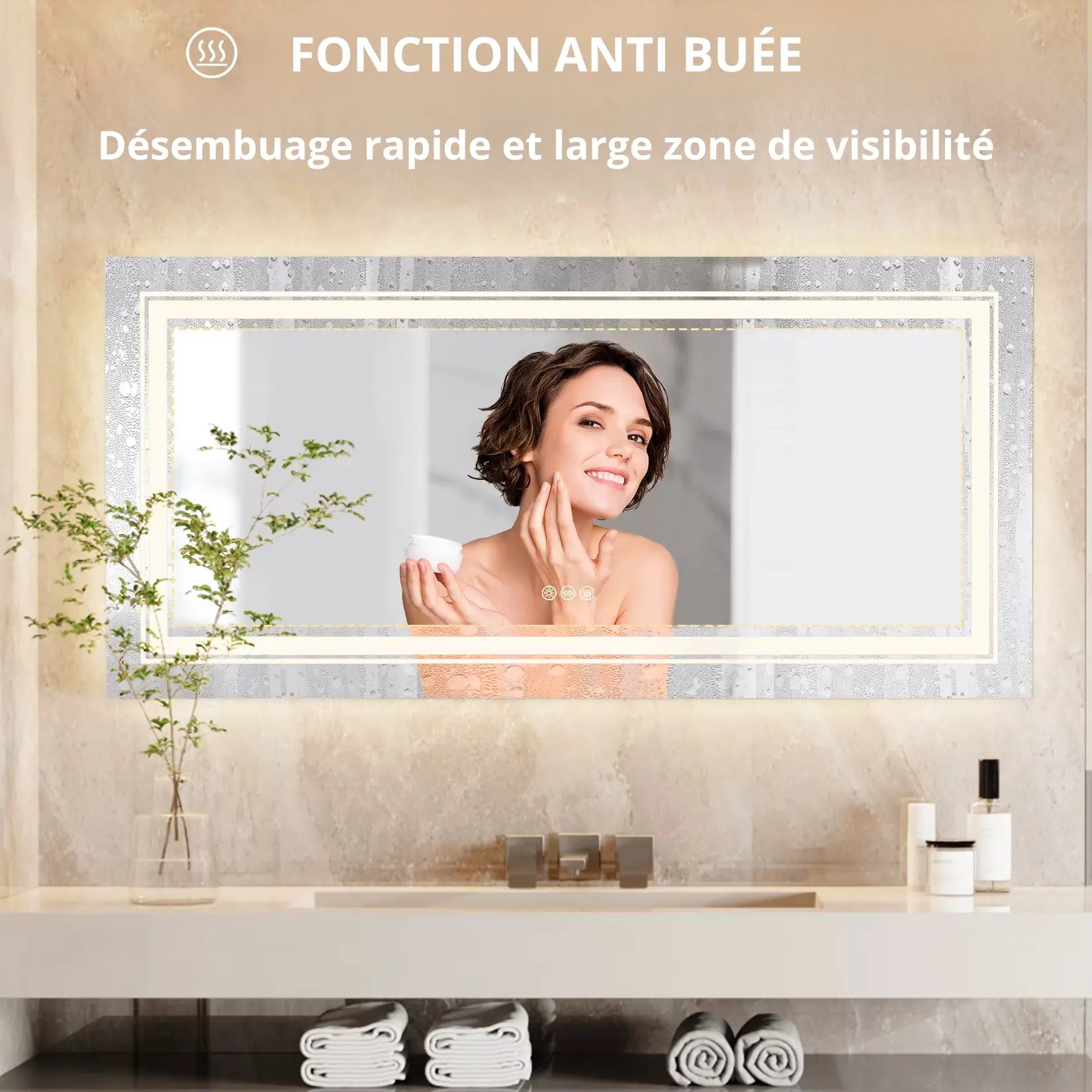 Miroir 120x60 LED avec fonction anti-buée pour désembuage rapide et large zone de visibilité.