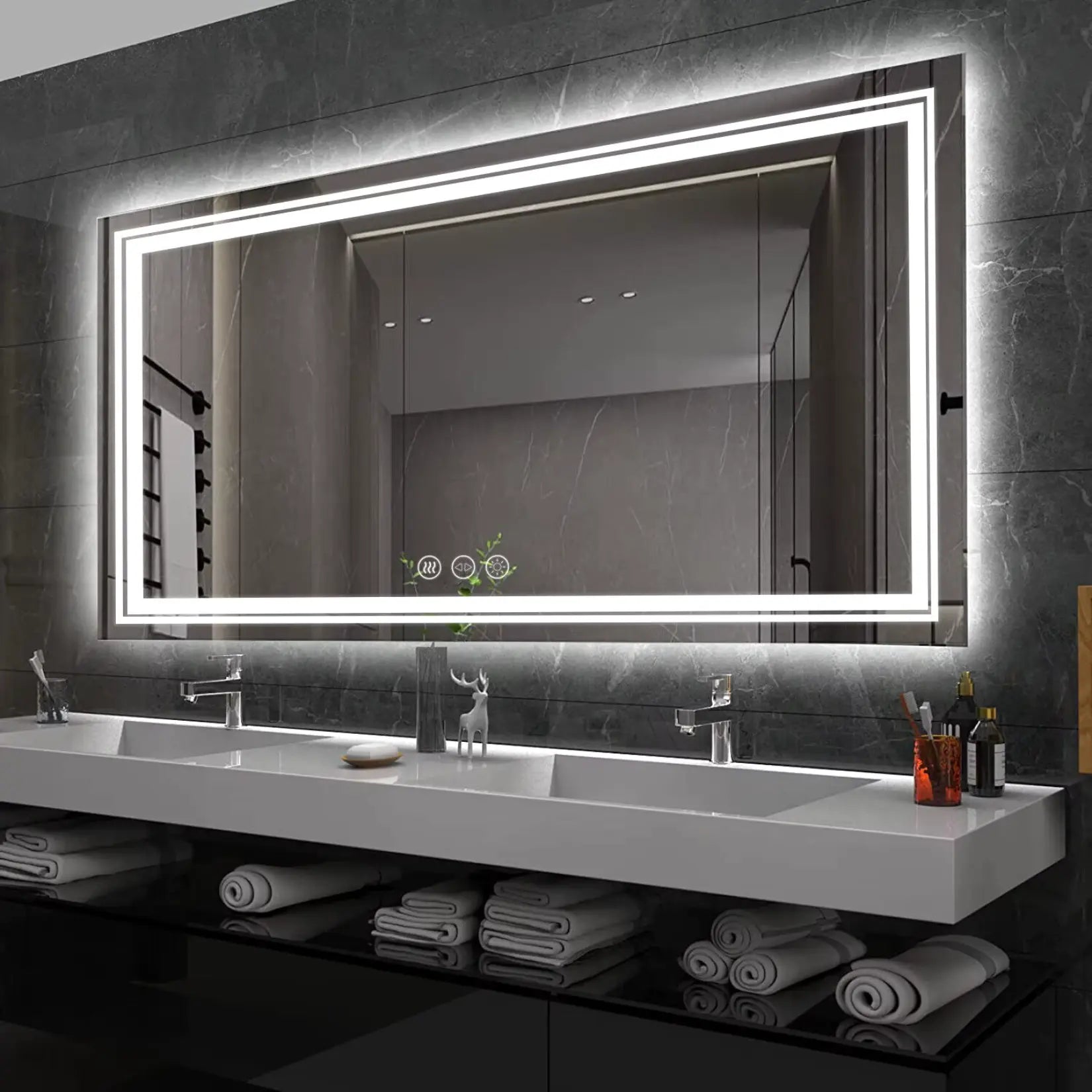 Miroir LED 120x60 tactile avec anti-buée pour double vasque et double vasque moderne.