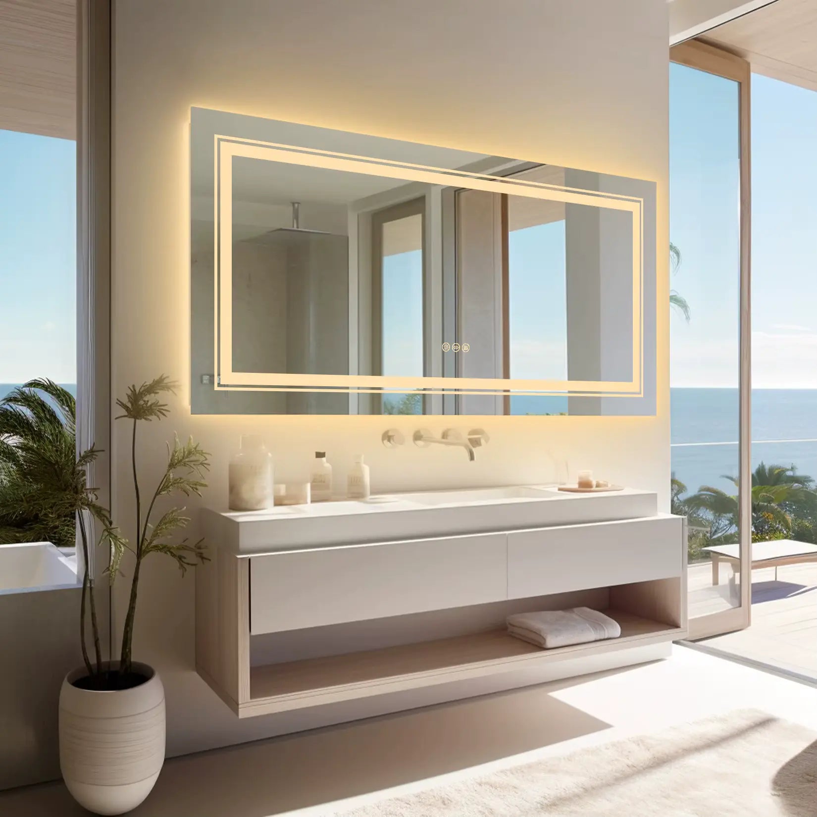 Miroir LED 120x60 dans salle de bain luxueuse avec vue sur mer et double éclairage.