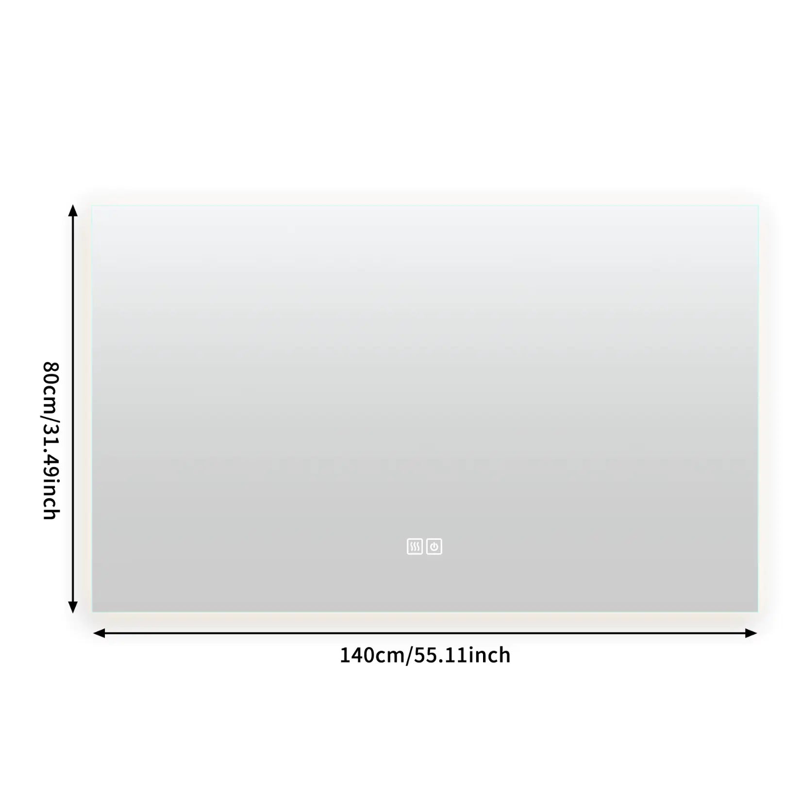 Miroir 140x80 cm rectangulaire avec dimensions XXL indiquées pour installation précise en salle de bain moderne.
