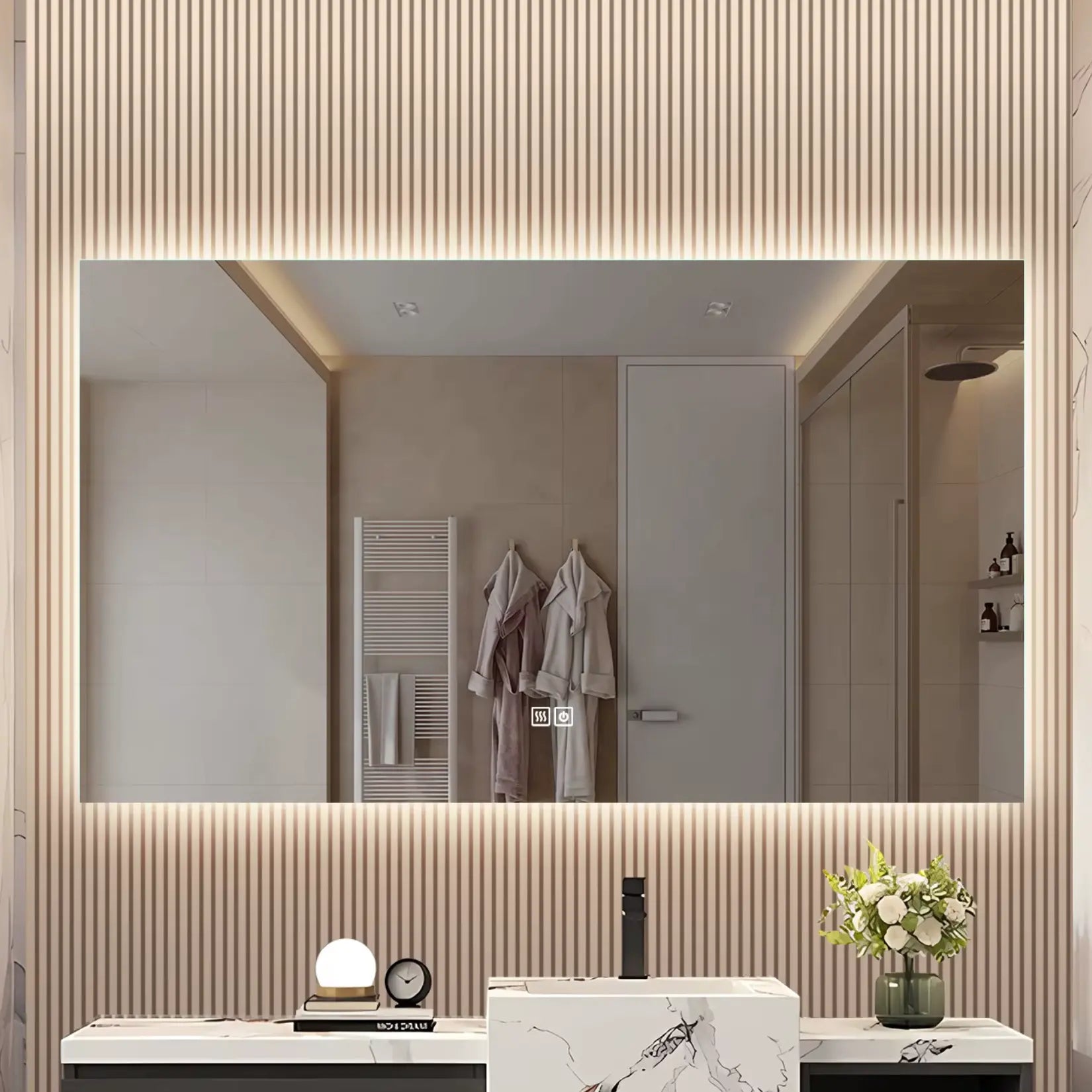 Vue rapprochée du miroir mural rectangulaire 140x80 avec LED intégrée dans une décoration de salle de bain haut de gamme.