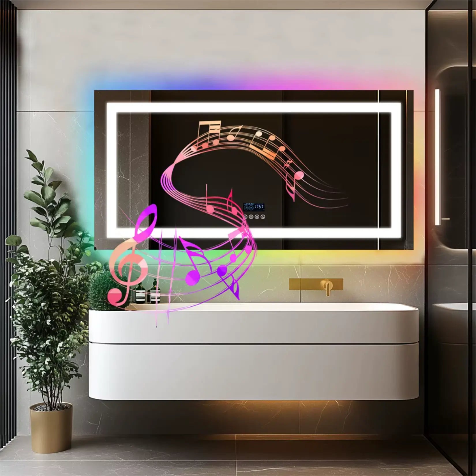 Miroir lumineux 160x80 avec haut-parleur Bluetooth intégré dans une salle de bain.