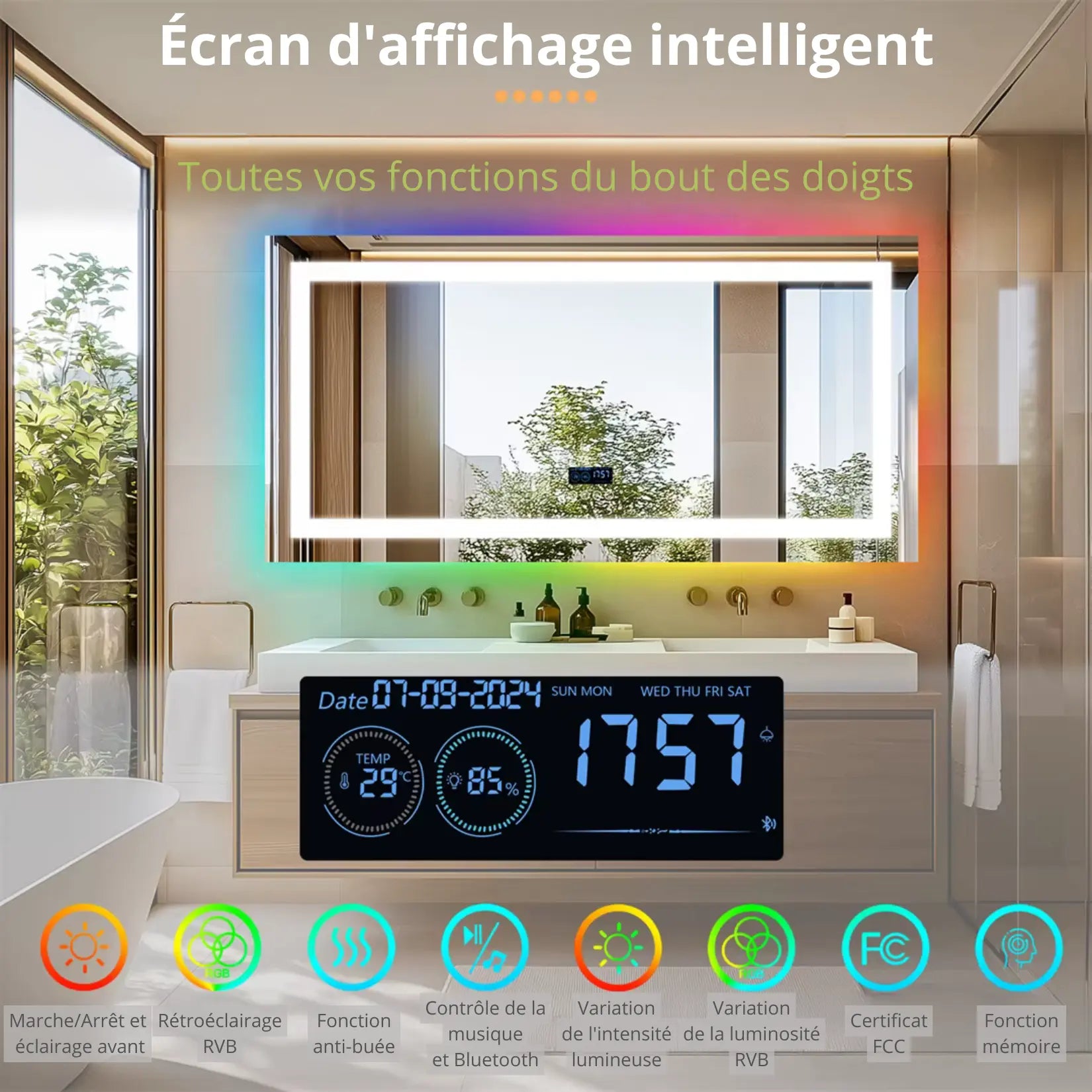 Miroir 160x80 avec écran intelligent et fonctions tactiles avancées.