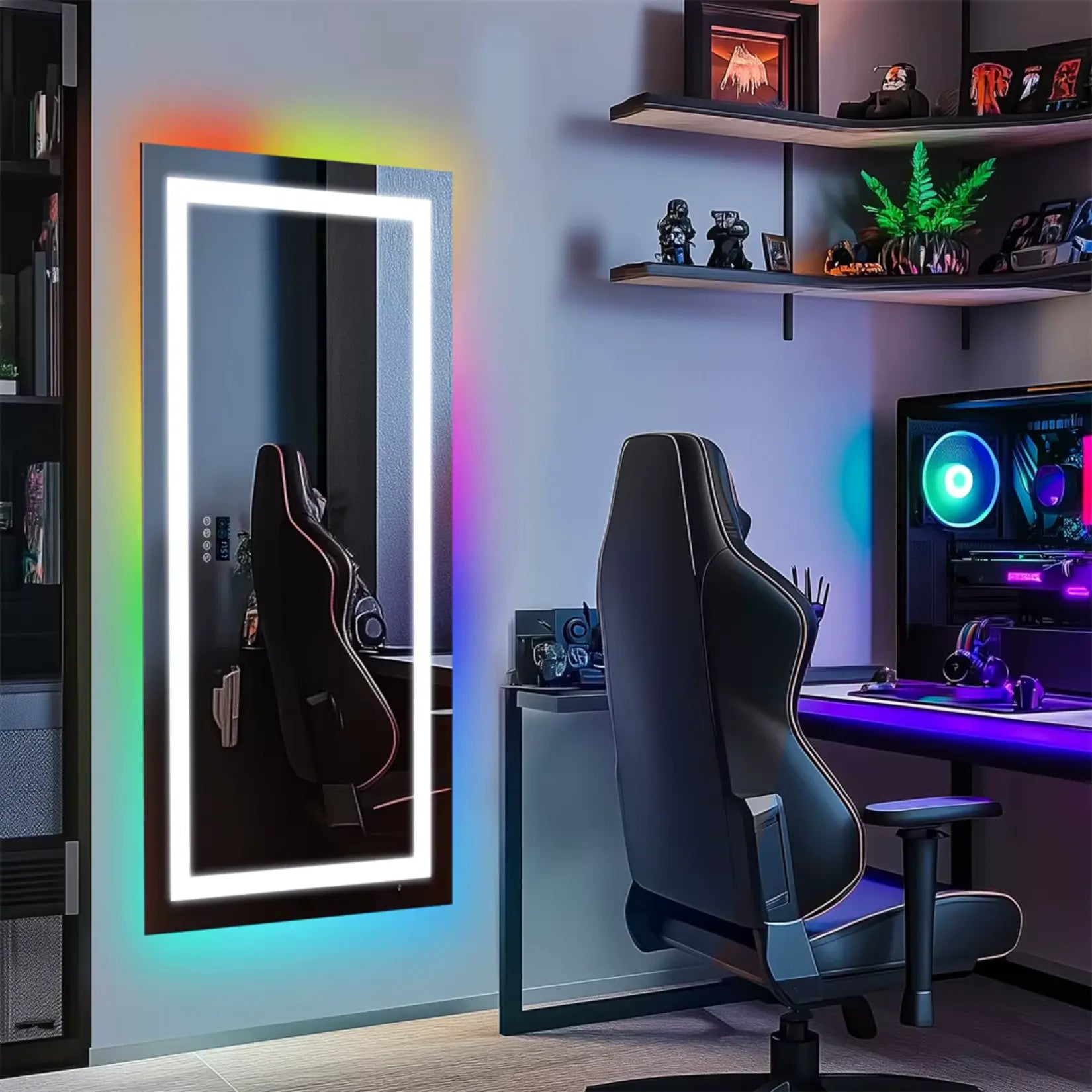 Miroir lumineux 160x80 LED RGB dans une chambre gaming moderne.