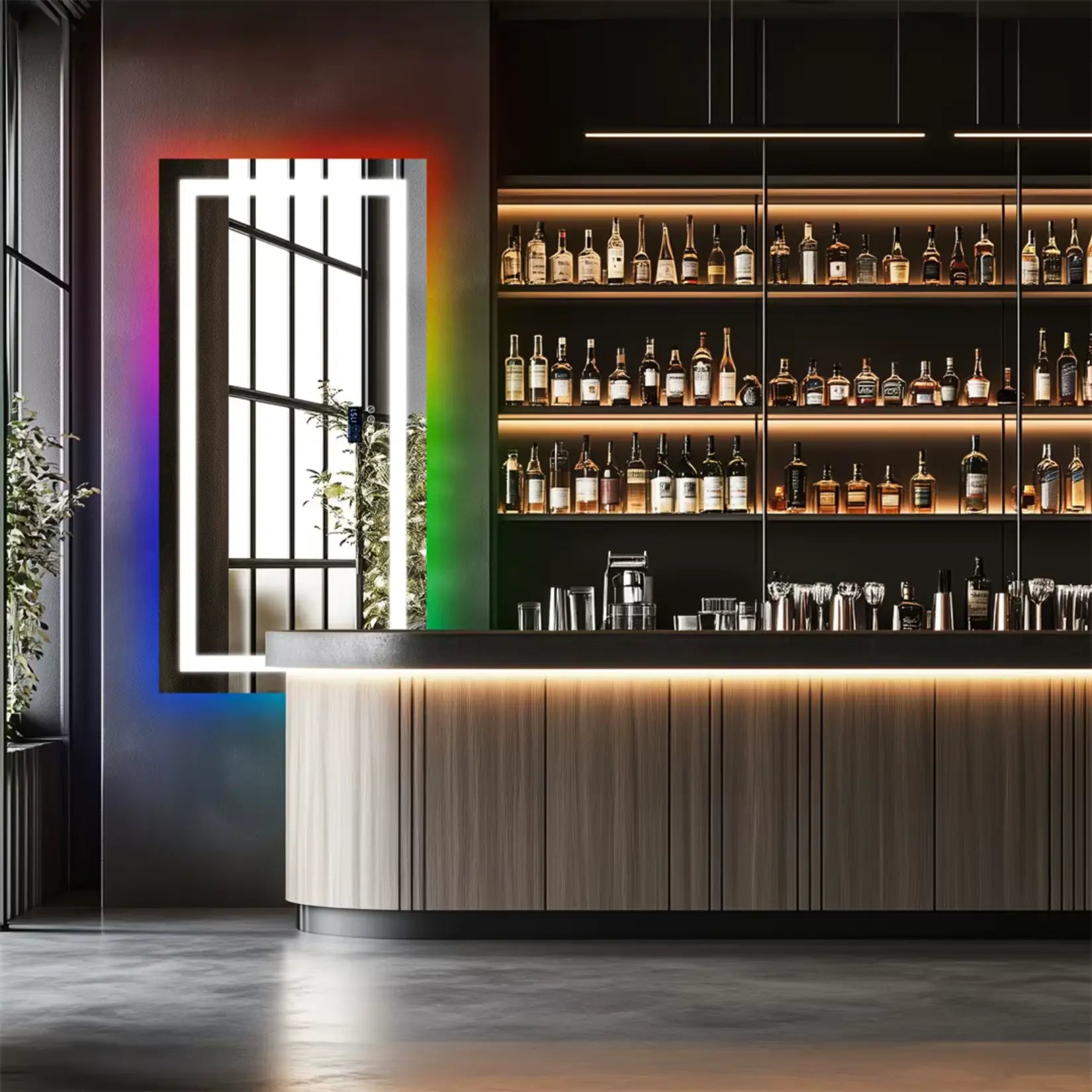 Miroir 160x80 LED mural avec rétroéclairage RGB dans un bar moderne.