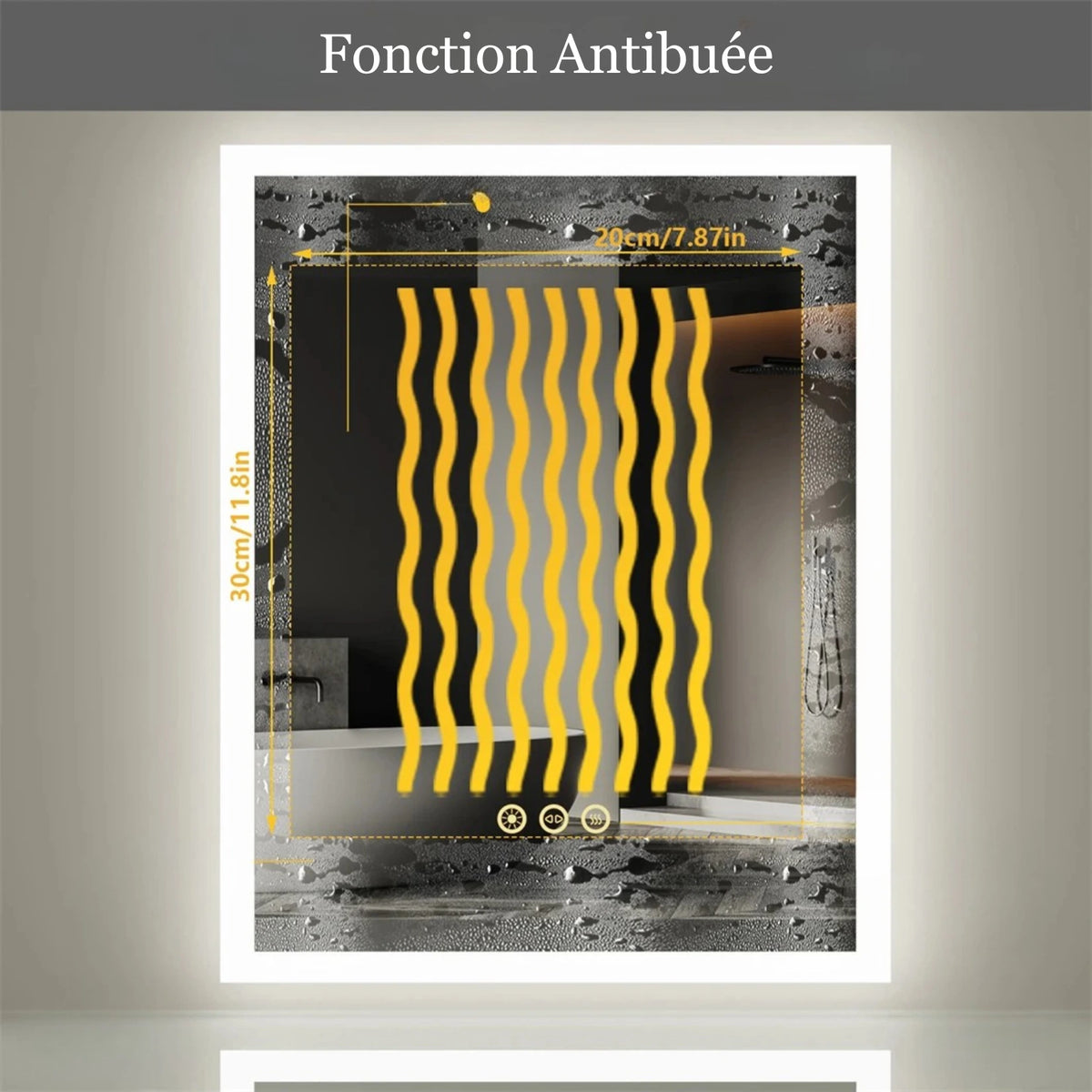 Schéma technique du miroir 50 cm avec fonction anti-buée active.