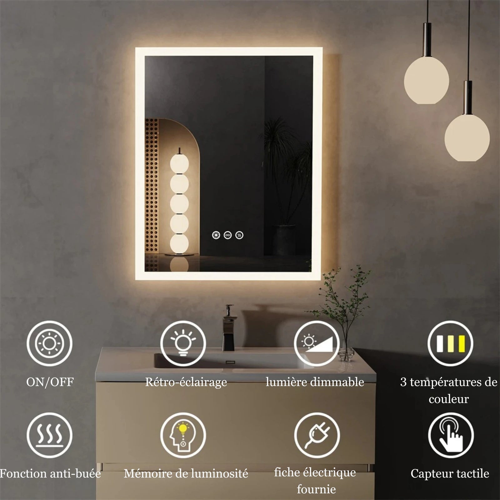 Fonctionnalités tactiles du miroir 50 cm avec options LED réglables.