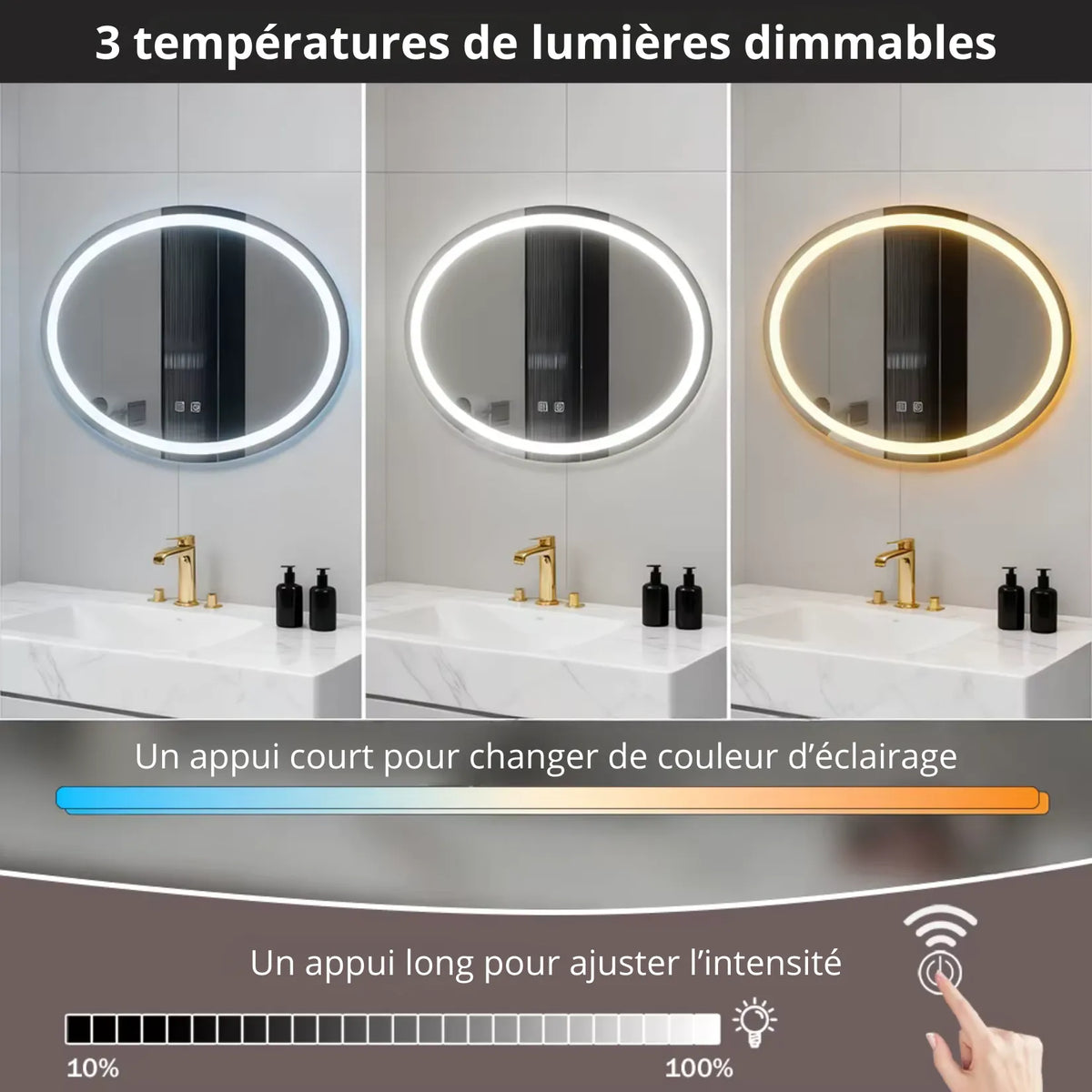 Miroir LED Salle De Bain Anti-Buée 60x80 Cm – Éclairage 3 Couleurs Réglable Tactile, Installation Facile Vertical/Horizontal