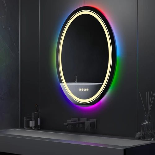 Miroir 60x80 salle de bain ovale avec lumière froide et rétroéclairage LED RVB, parfait pour une ambiance épurée