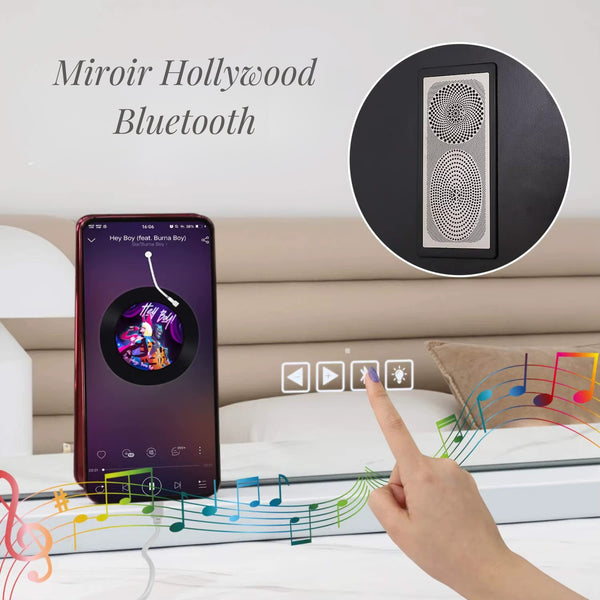Miroir à maquillage lumineux avec Bluetooth intégré et commandes tactiles.