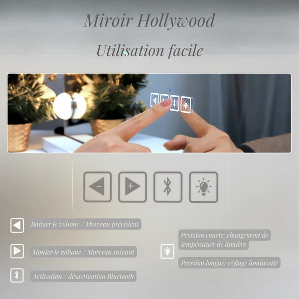 Commande tactile du miroir à maquillage lumineux pour ajuster la lumière et contrôler le Bluetooth.