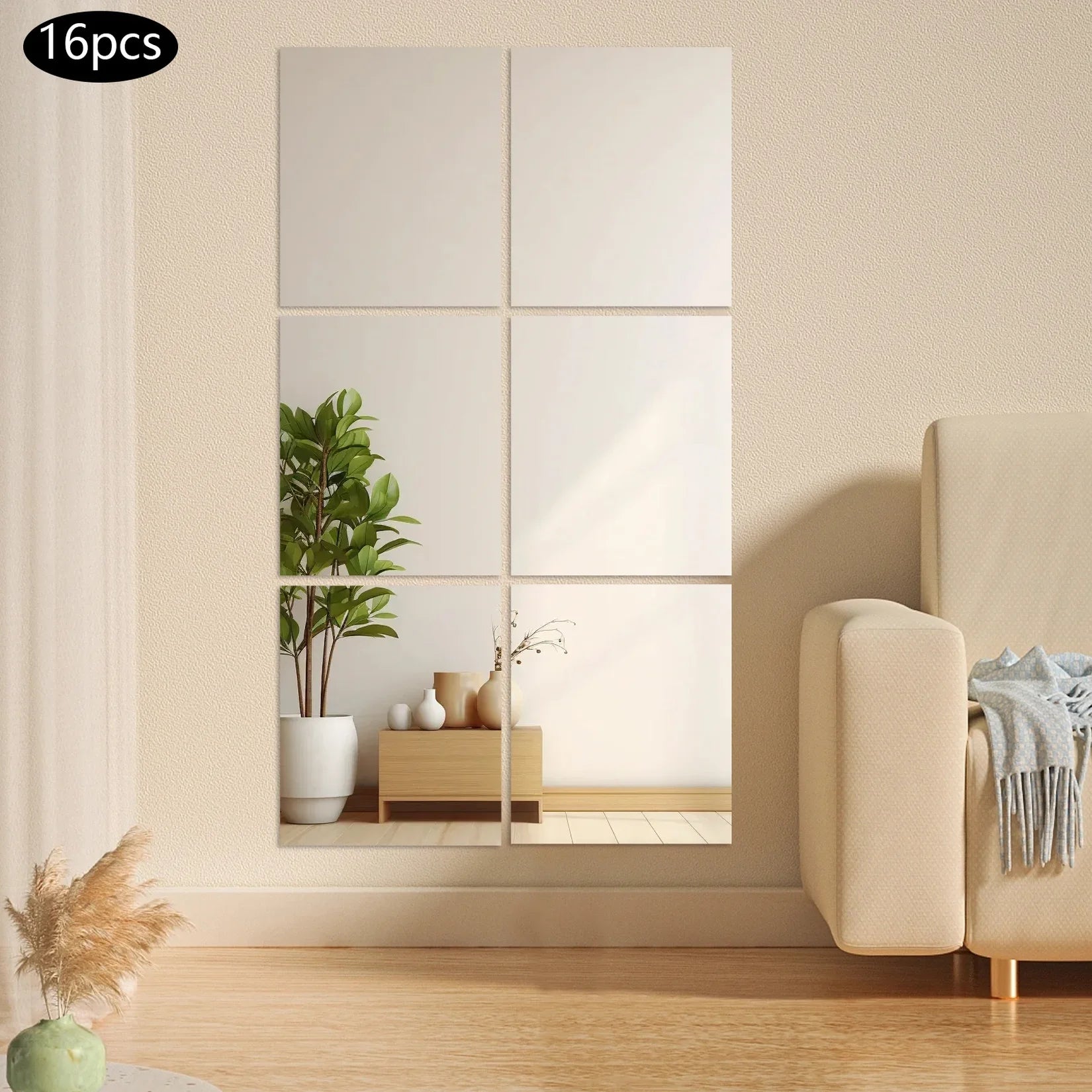 Miroir acrylique salon canapé plantes beige.