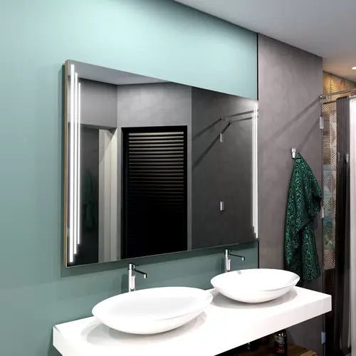 Miroir anti buée 120x60 cm avec fonction antibuée activée, avant et après condensation