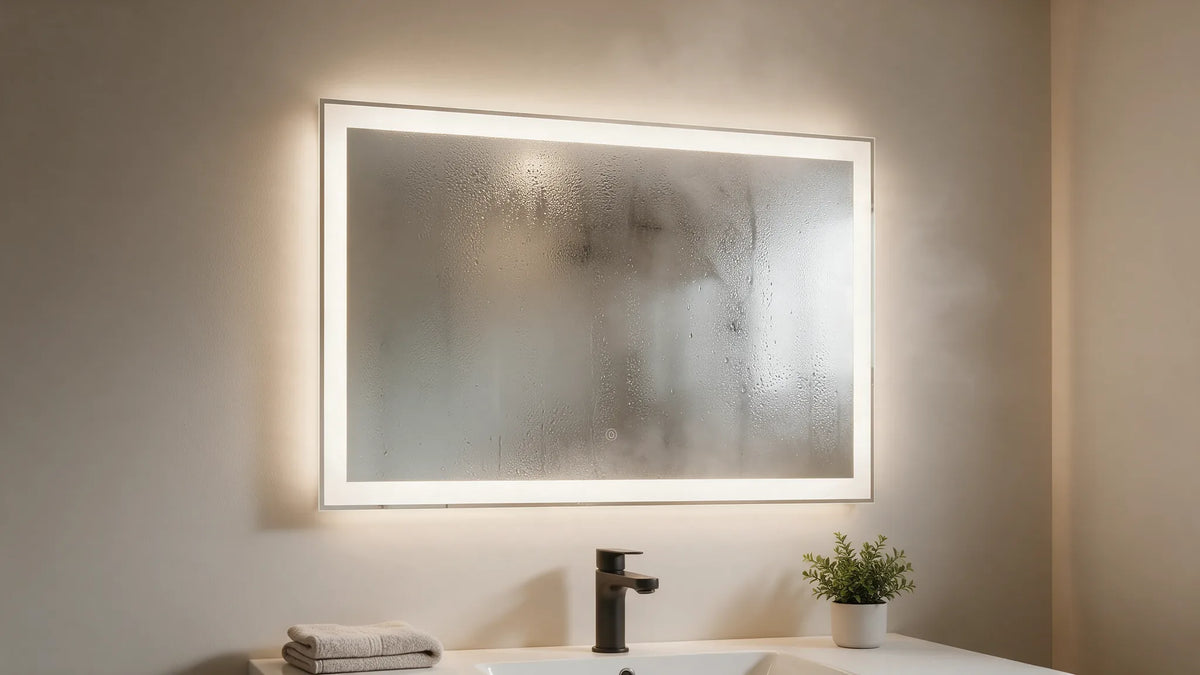 Miroir de salle de bain couvert de buée après une douche chaude, film anti-buée éteint.