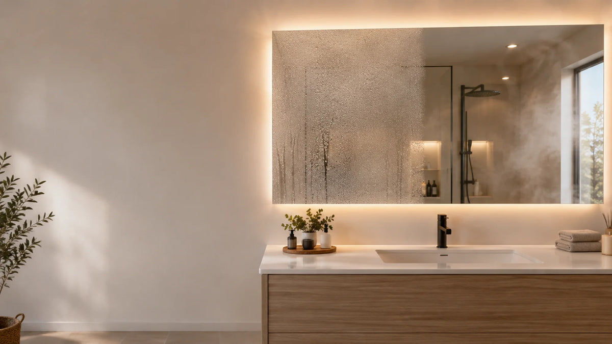 Miroir de salle de bain anti-buée, moitié embuée et moitié nette après la douche.