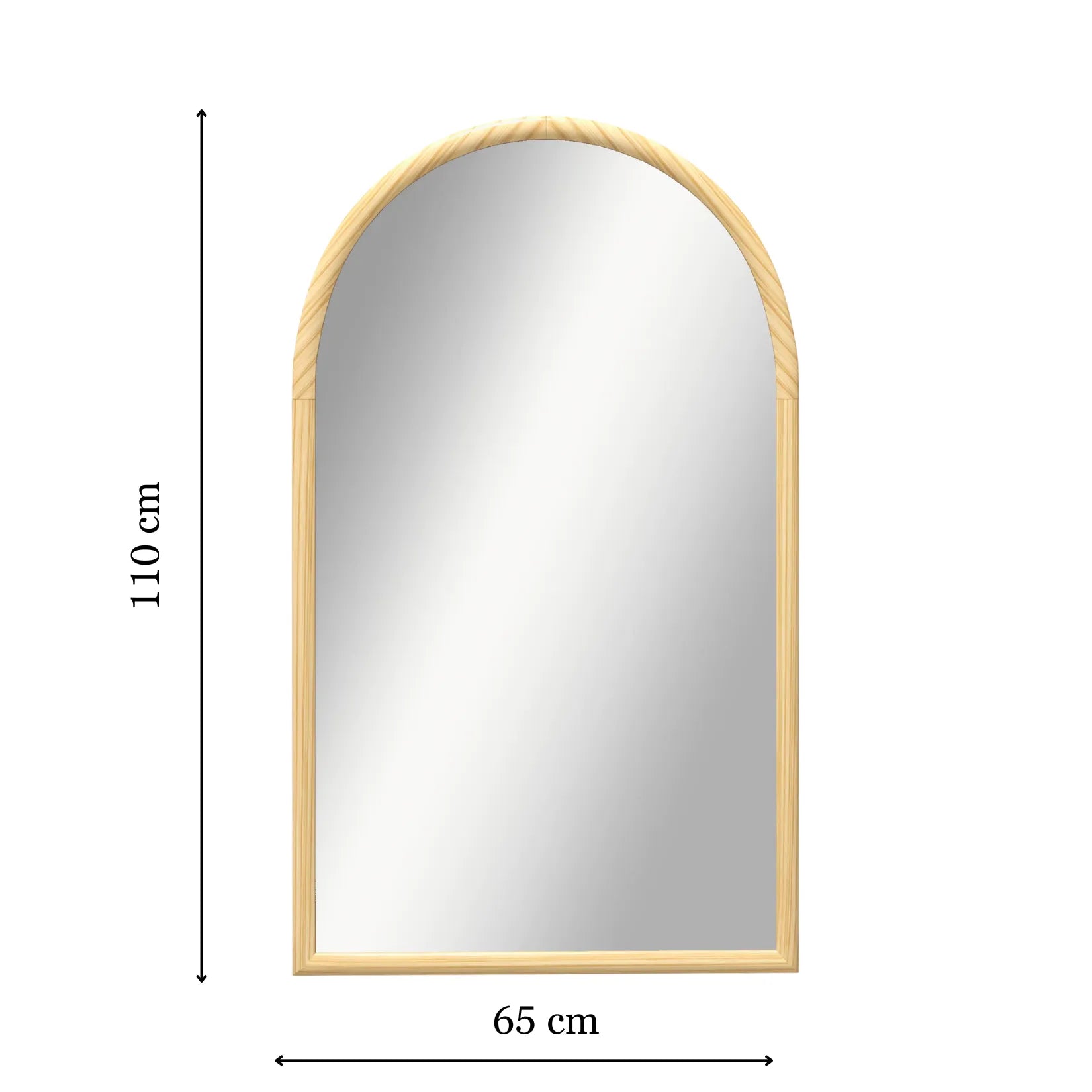 Dimensions du miroir arche bois 110 cm par 65 cm, cadre en bois naturel.
