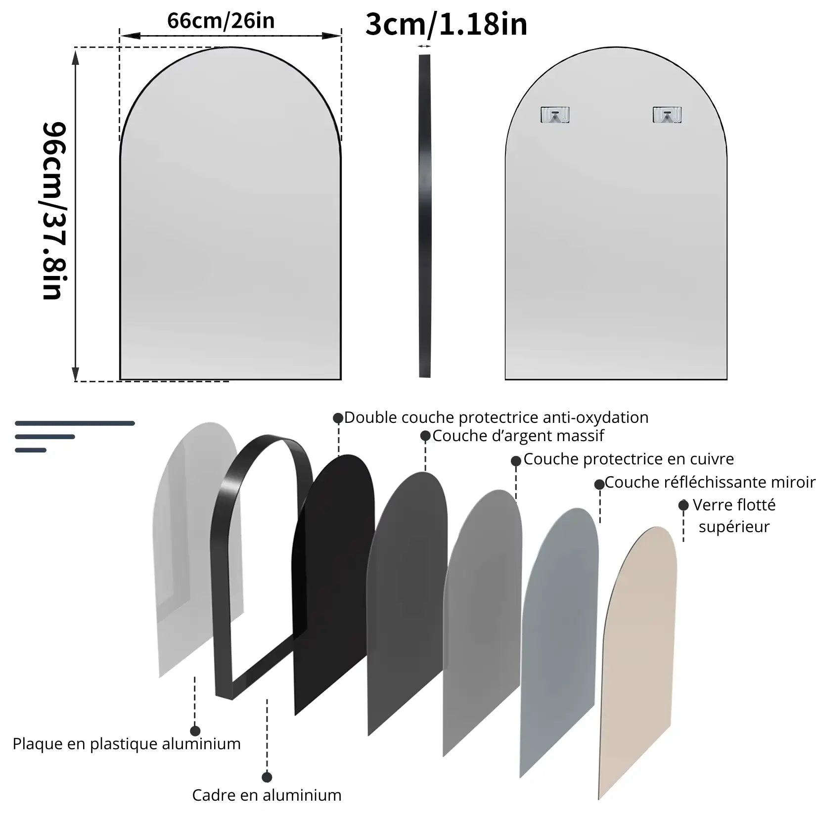Miroir Arche noir avec dimensions 66x96 cm et cadre en aluminium robuste.