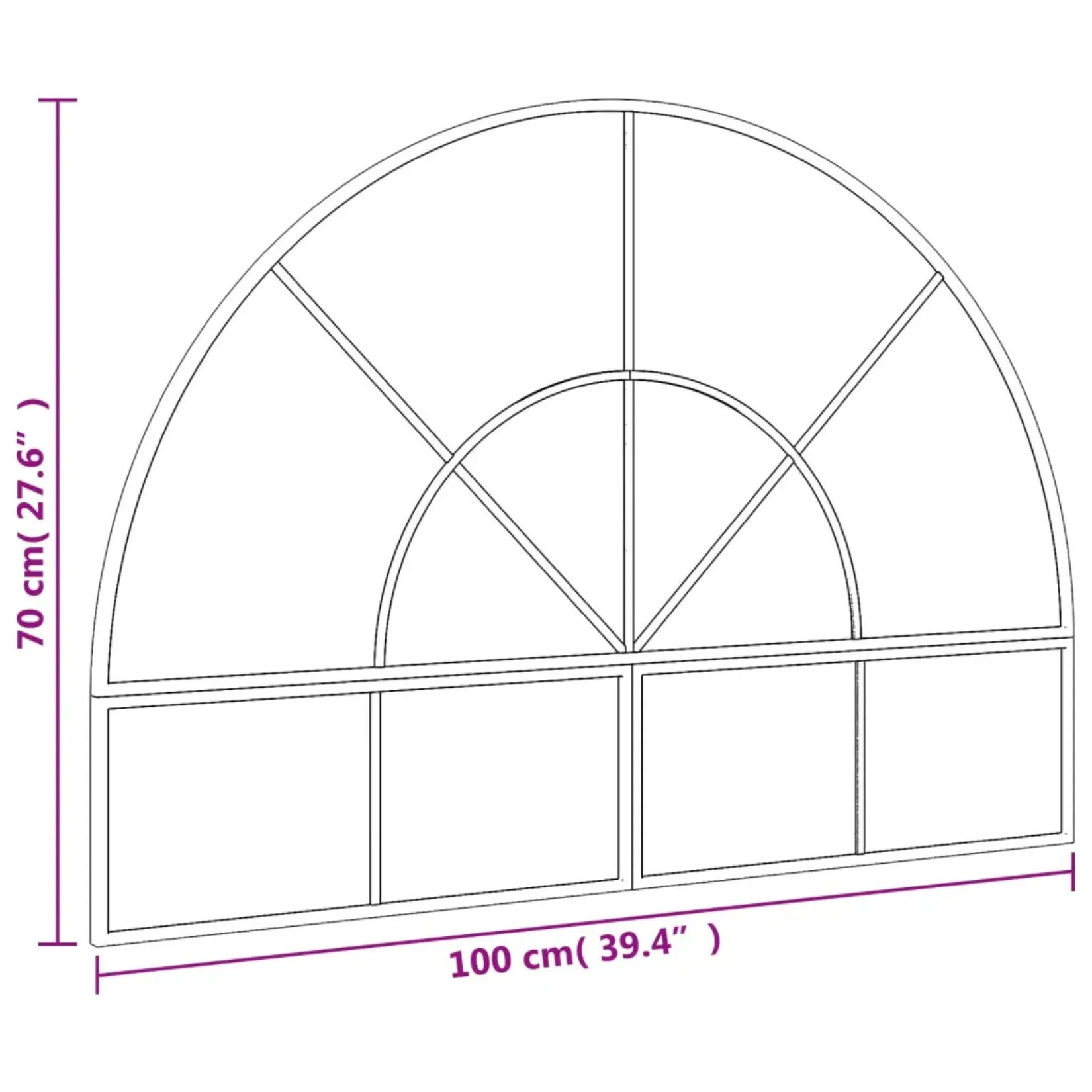Schéma avec dimensions du miroir arche mural 100x70 cm – Largeur 100 cm, Hauteur 70 cm.